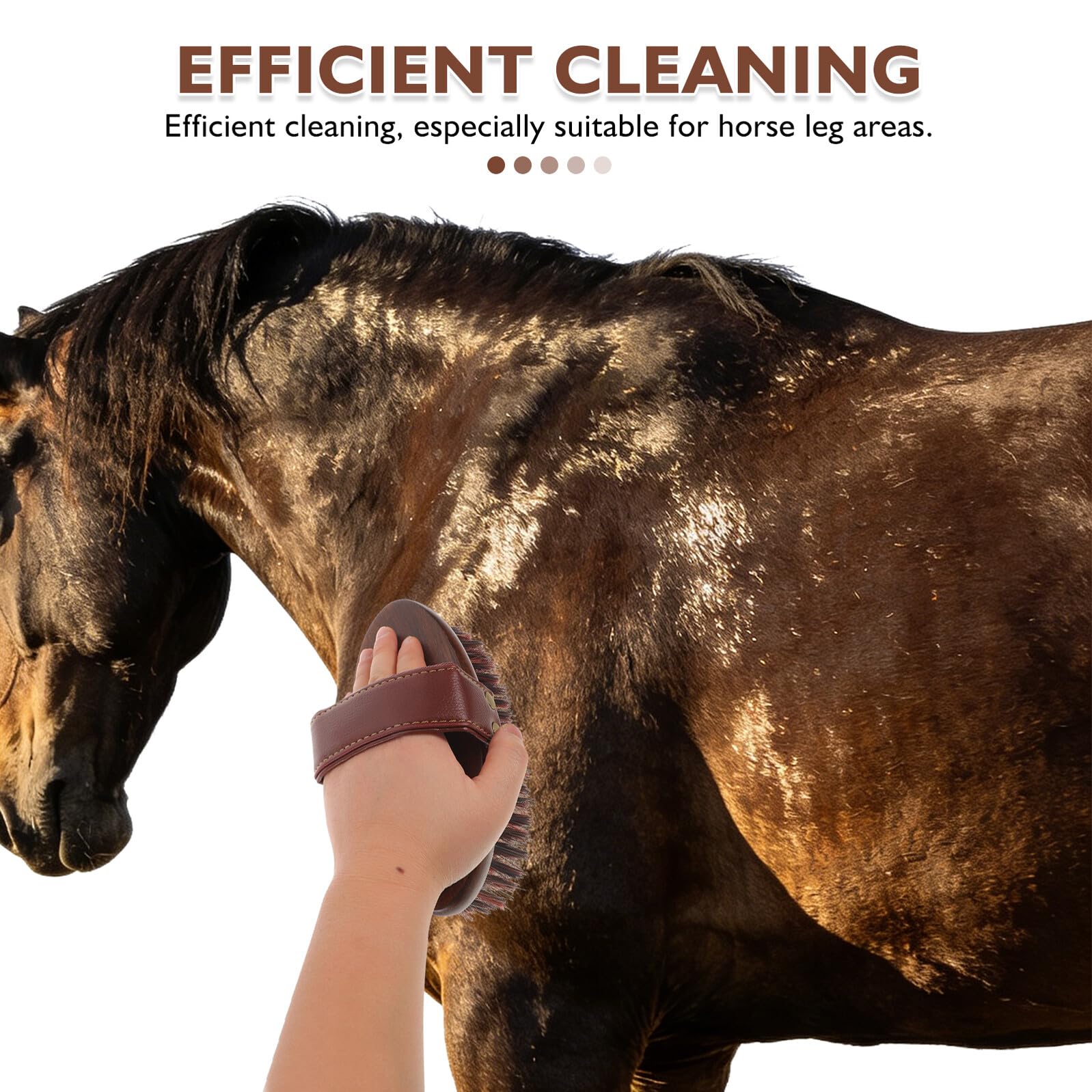 HOMSFOU Cepillo para Caballos Rígido con Mango de Madera Ergonómico y Correa de Cuero, Cepillo Equino para Aseo Diario, Limpieza Profunda de Patas y Pelo Suelto, Herramienta de Cuidado