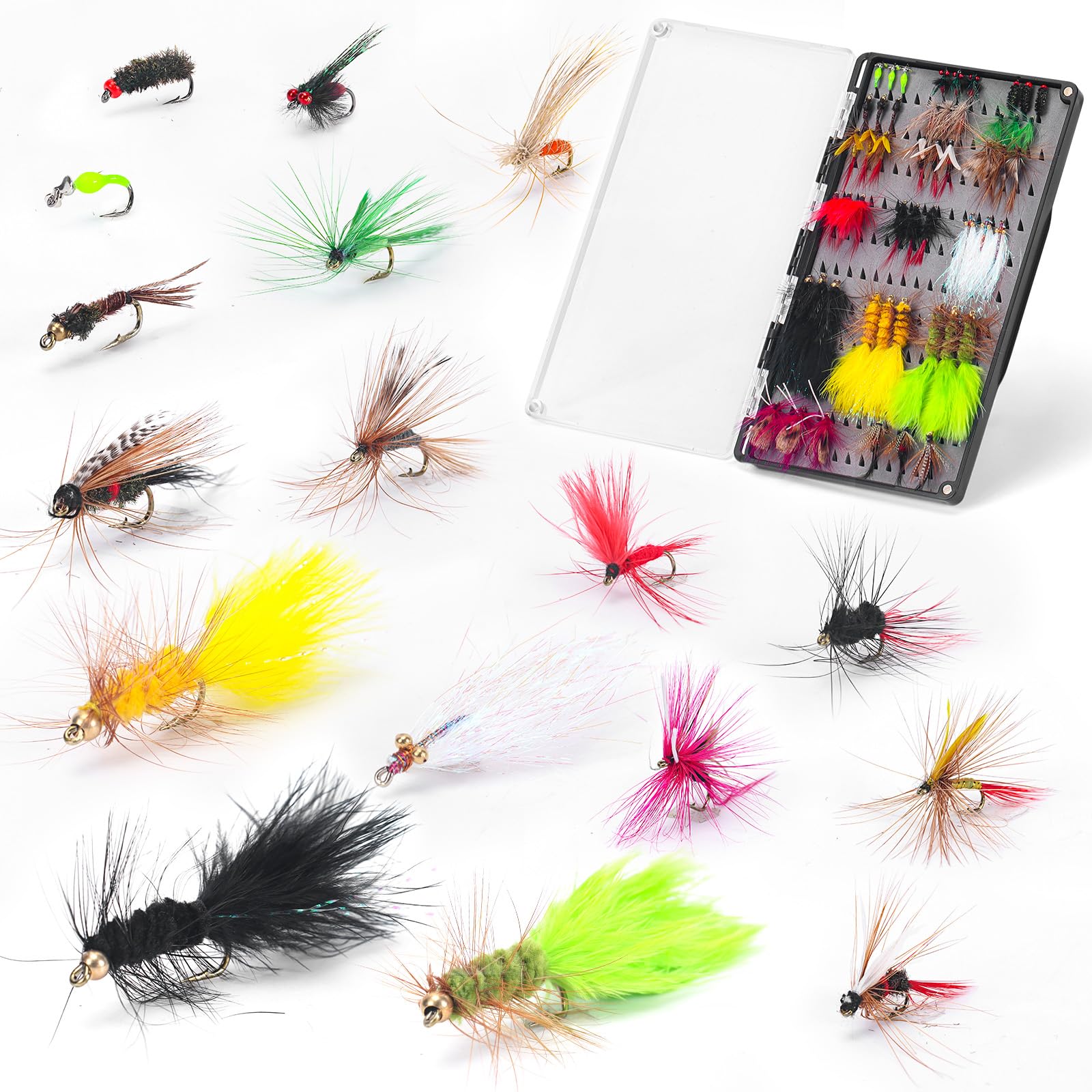 Ansnbo 51Pcs Hand Tied Fly Fishing Flies Assortment Kit, 17 Different Patterns, Nymphs, Woolly Bugger, Dry and Wet Flies for Trout Bass with Fly Box