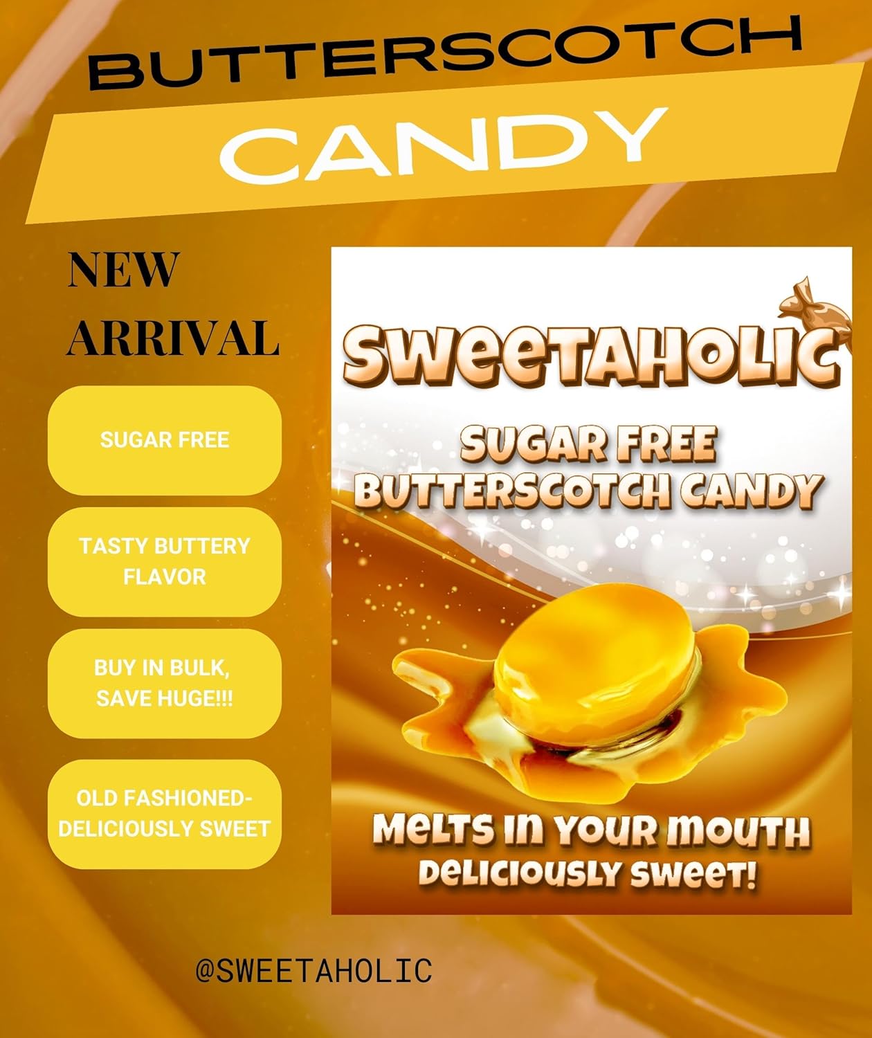 Sweetaholic Sugar Free Butterscotch 6 Pounds Bulk Hard Candy, Individually Wrapped, Ideal Gift for Diabetic Adults | Low Calorie, Zero Sugar