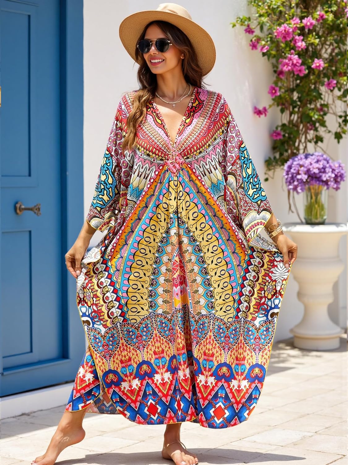 Kaftan Dresses for Women Plus Size Flowy Cover Up Batwing Sleeve Beach Dress Swimsuit Loungewear Lightweight Maxi - Image 2