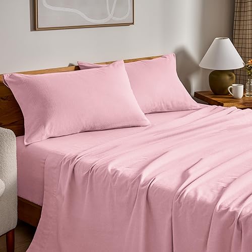 Bare Home Juego de sábanas de franela 100% algodón, terciopelo suave y pesado, franela de doble cepillado, bolsillo profundo (tamaño King, rosa