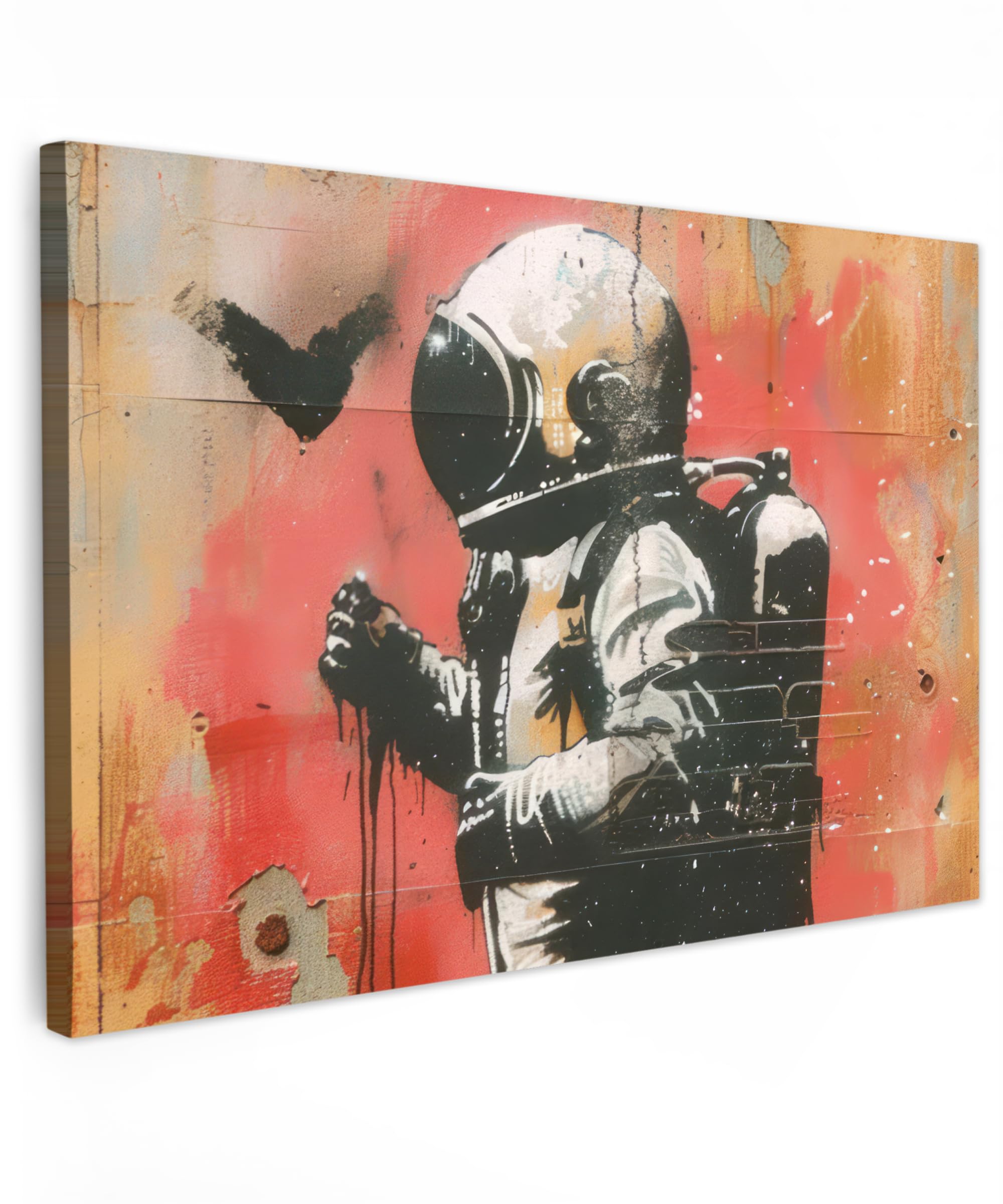 MuchoWow© Leinwand Bilder 60x40 cm Wanddeko Wohnzimmer Aesthetic Room Decor Deko Zimmer Wandbilder Modern Bild auf Leinwand Graffiti - Astronaut - Street art - Weltall - Banksy