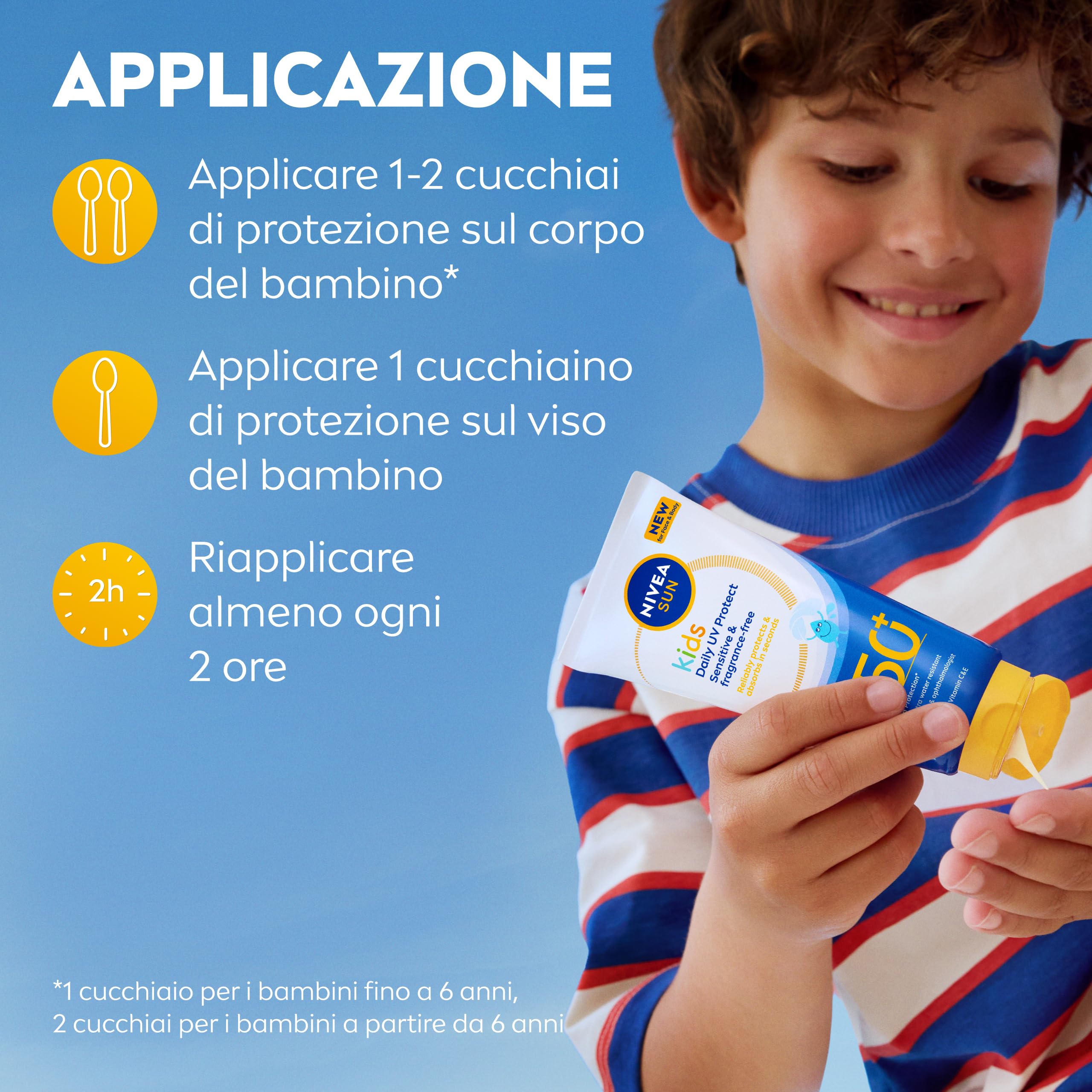 NIVEA SUN Kids Protezione UV Quotidiana SPF 50+ 100 ml, Crema solare 50 bambini per viso e corpo, Protezione solare 50 bambini extra resistente all'acqua, Per pelli sensibili, Senza profumo