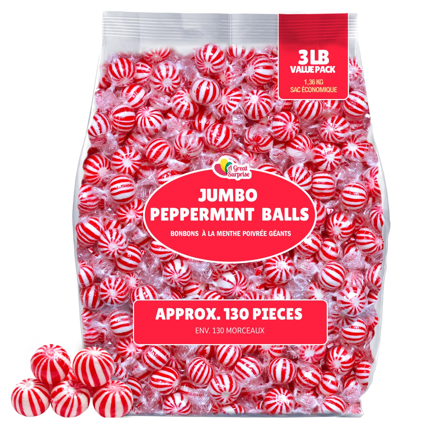 Jumbo Peppermint Balls - 3 Pounds - Christmas Mint Candies - Holiday Red and White Candy - Large Xmas Candies - Bulk Individually Wrapped Hard Candy