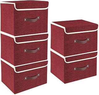 TYEERS Cajas de Almacenaje con Tapa, Tela, Lavable, Cajas Organizadoras, 38x25x25 cm, Juego de 5, Vino Tinto