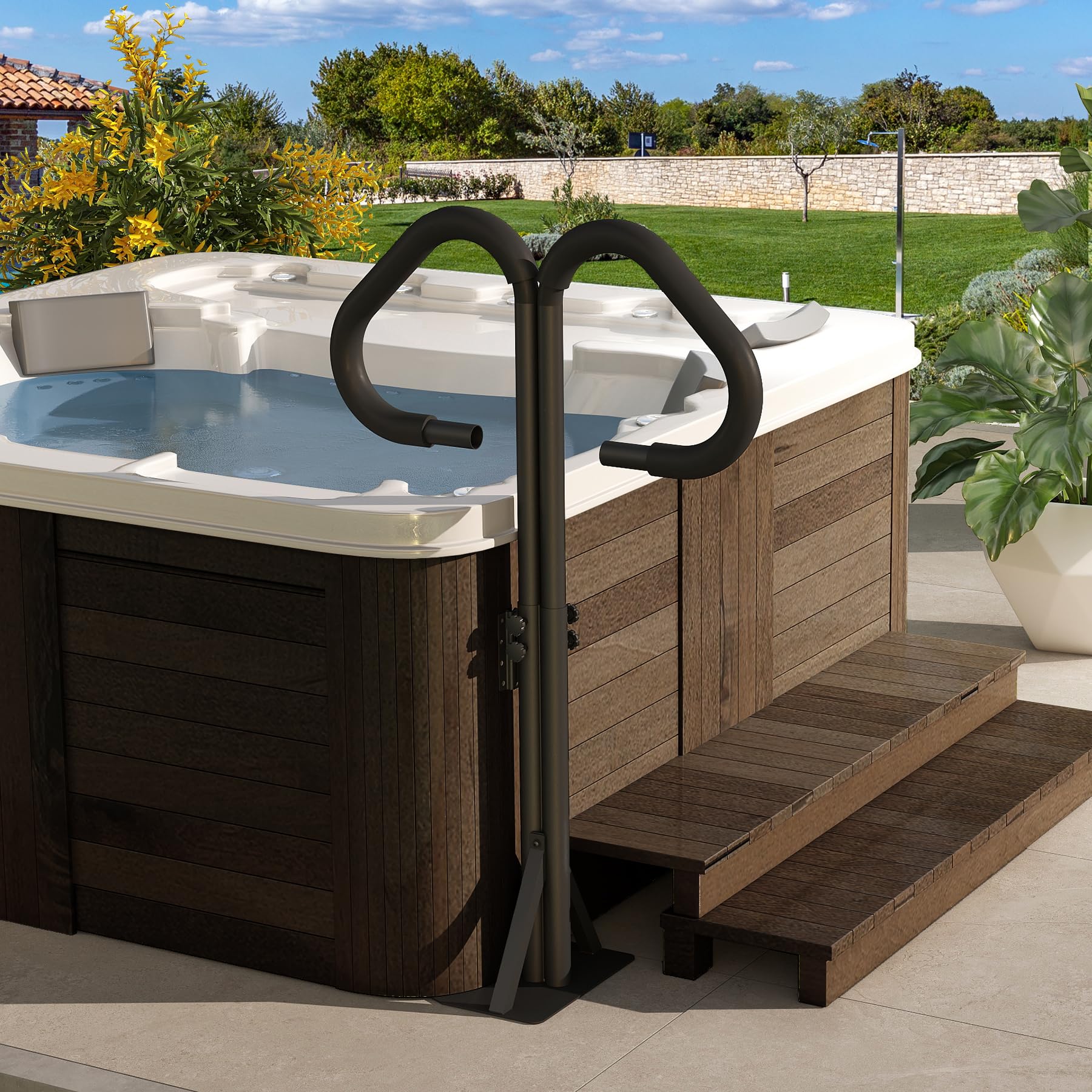 Two-Way Hot Tub Handrail, Anti-Slip Spa Safety Hand Rail, Adjustable Height 45-60" & 360° Swivel, Rust-Proof Metal Side Handrails Slide-Under Mount Base for Indoor & Outdoor-600 LBS Load