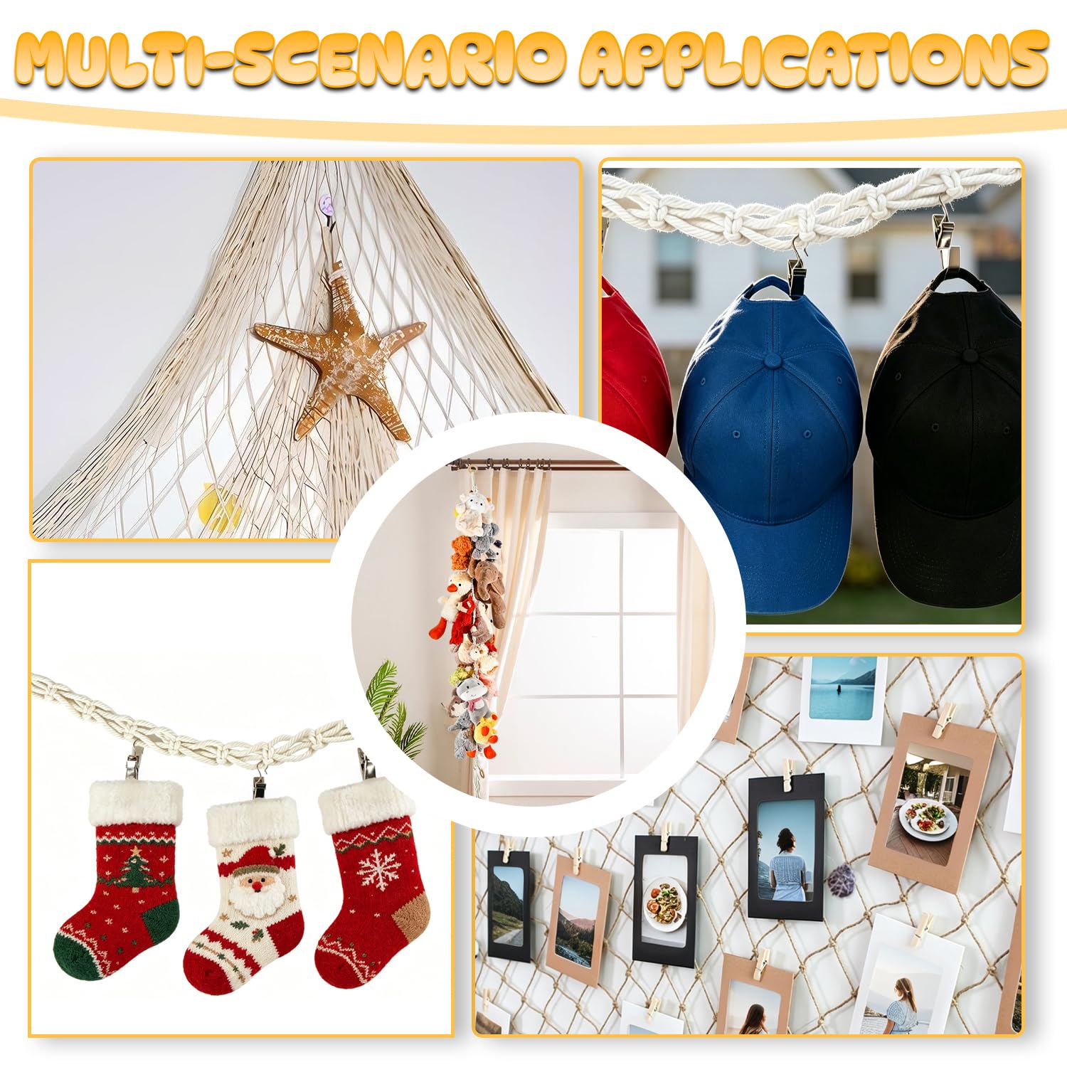 4 Pieces 2M Rangement Peluche Filet Tressé Bohème pour Jouets avec 2 Cordon de Suspension et 2 Hamac de Rangement avec 40 Pinces 4 Vis à Tête pour Rangement Maison