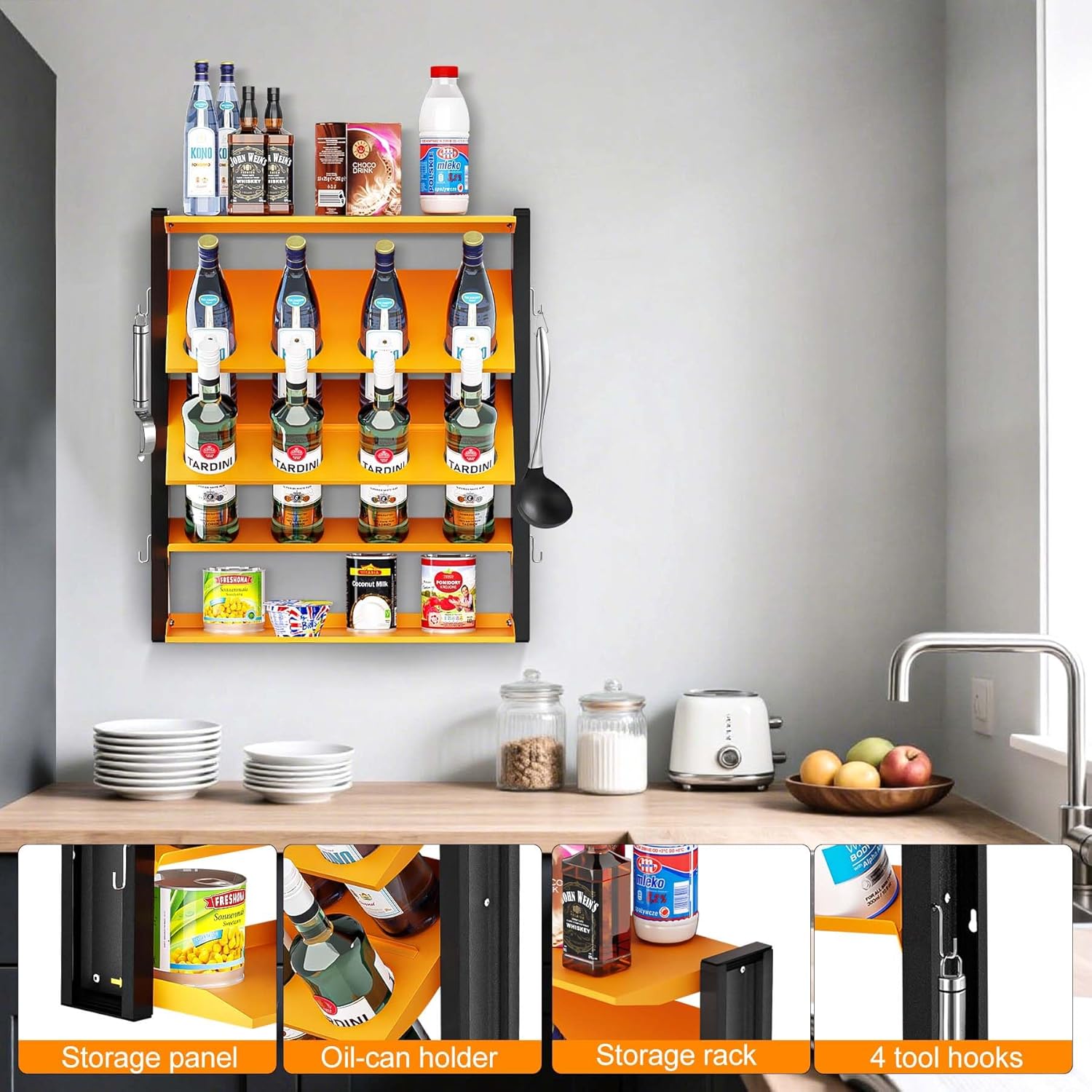 Wall Mount Spray Paint Can Holder with 2 storage shelves and 4 side hooks Spray Can Organizer Holds Heavy Duty Metal Spray Can Holder for Garage, Home, Shop