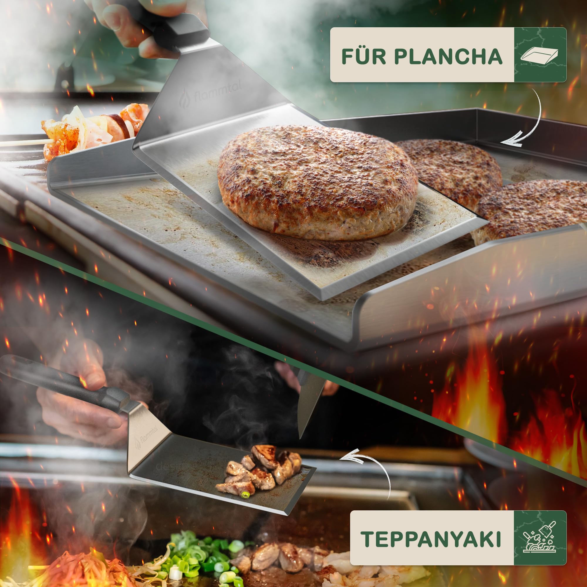 flammtal [L'originale] – Set di 20 pezzi di carta per hamburger – Set di spatole per barbecue in acciaio inox – Spatola Plancha di alta qualità – Spatola per barbecue lavabile in lavastoviglie per