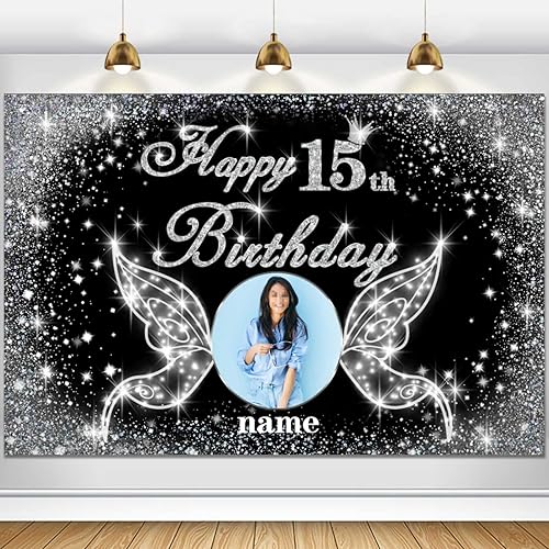 Cartel personalizado de decoración de fiesta de cumpleaños número 15, tema de alas de ángel, negro y plateado