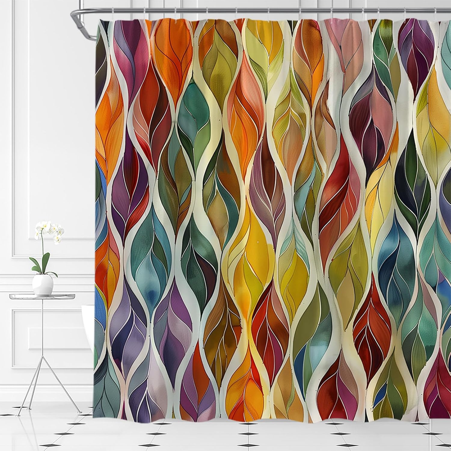 Boho Abstract Leaves Shower Curtain Mid Century Retro Colorful Leaf Multicolor Geometric Vibrant Aesthetic Modern Art Fabric Bathroom Decor Set with Hooks 108 x 70 Inch