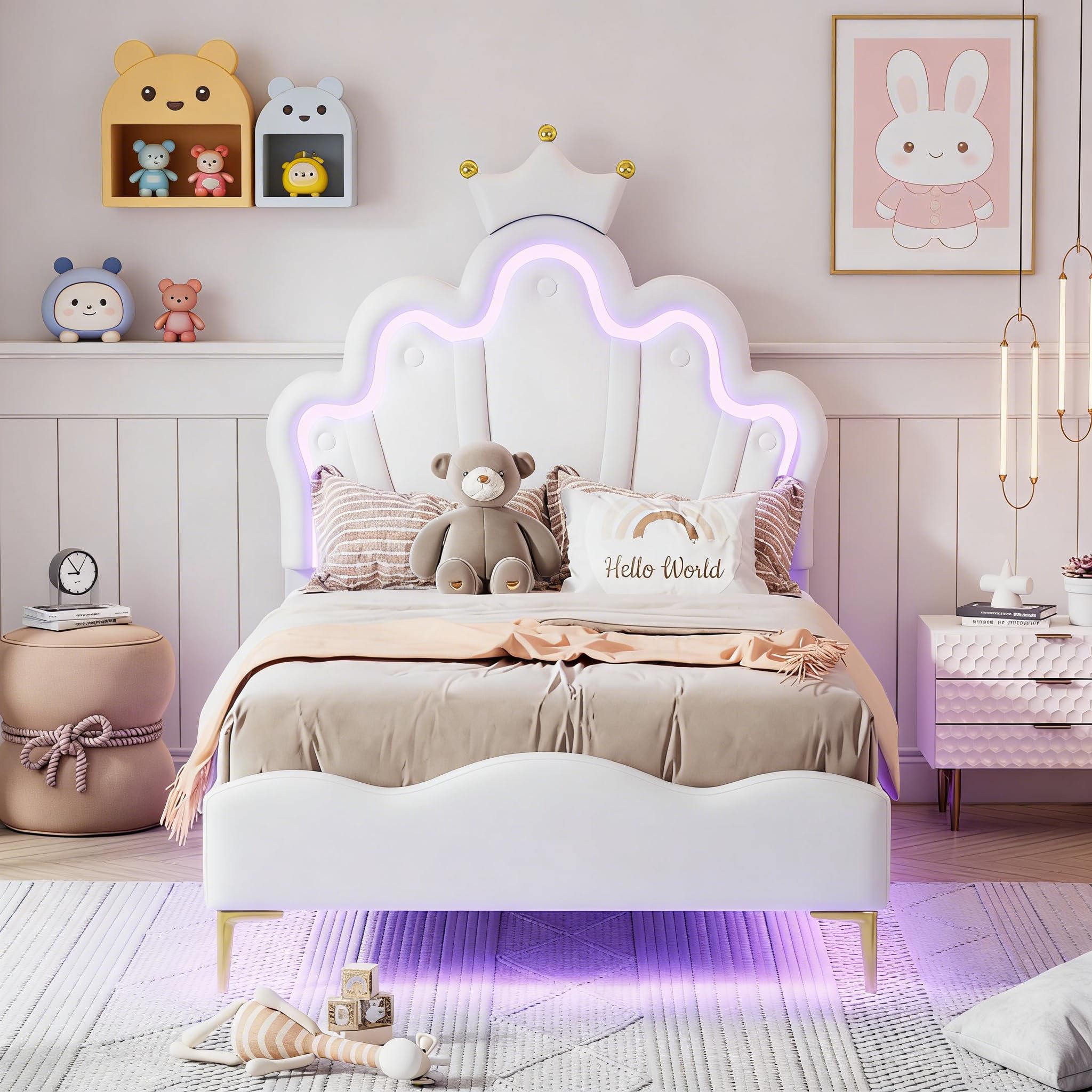 Lettino imbottito per bambini, 90 x 200 cm, con testa a LED e testiera regolabile, a forma di corona, letto singolo, per ragazzi, con rete a doghe (bianco D, 90 x 200 cm)