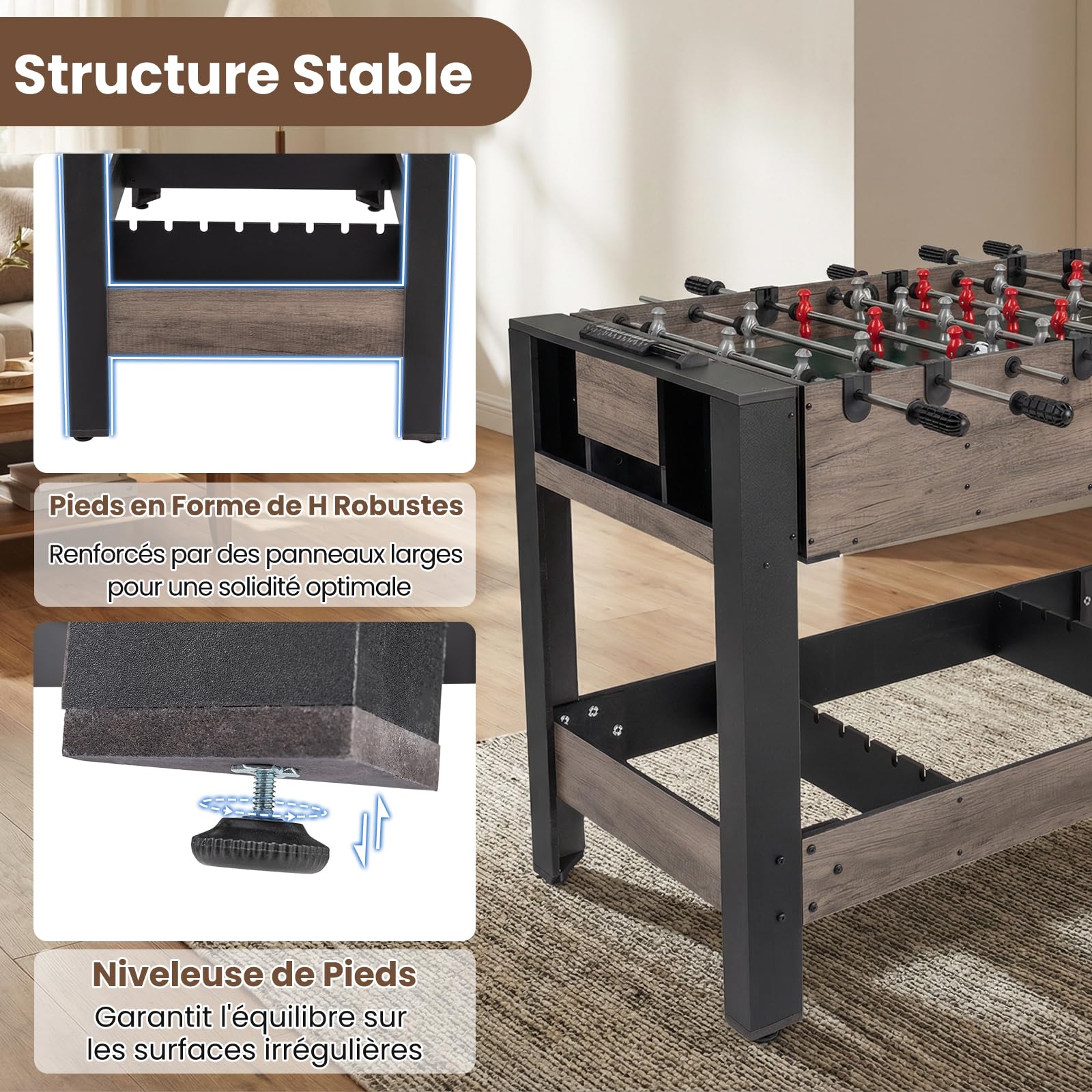 COSTWAY Table de Baby-Foot Pivotante avec Joueurs, Queues, Balles, Table Multijeux avec Pieds Réglables et Marqueur, Billard pour 2-4 Adultes Adolescents pour Salle de Jeux Fêtes