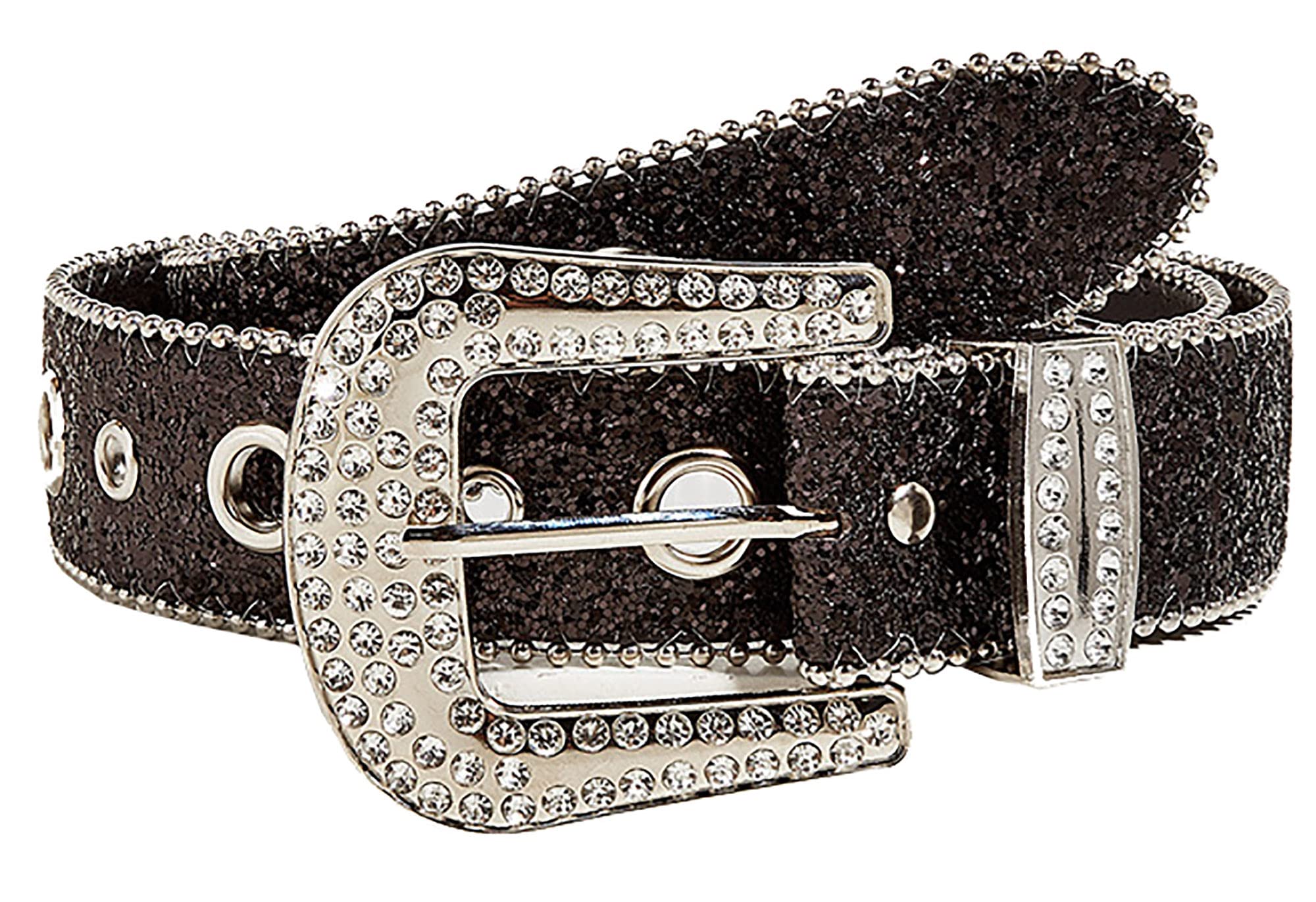 Womens-Rhinestone-Western-Cowgirl-Belt - Silver Glitter Diamond Western Belt for Jeans Pants 28-38 Waist