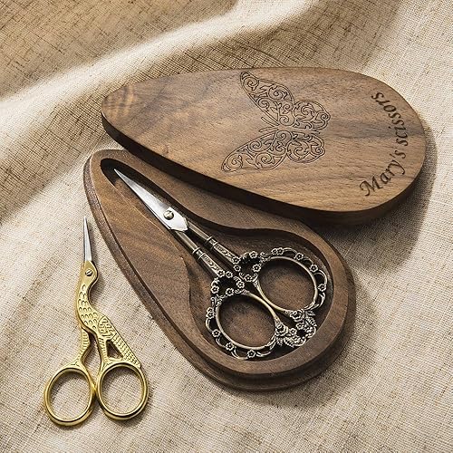 Miniatura 3 de Tijeras personalizadas estilo europeocigüeña con caja de madera grabada, tijeras de bordado de arte vintage, tijeras de costura pequeñas afiladas,