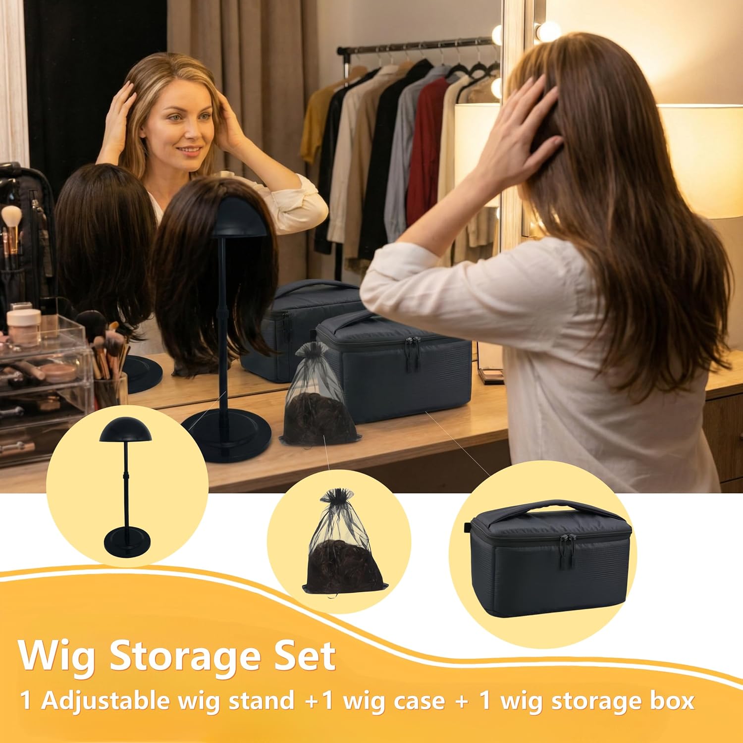 Professional Wig Travel Box Set – Includes Collapsible Wig Stand & Storage Bag – Dustproof Makeup Organizer Case for Wigs, Extensions & Hair Styling Tools