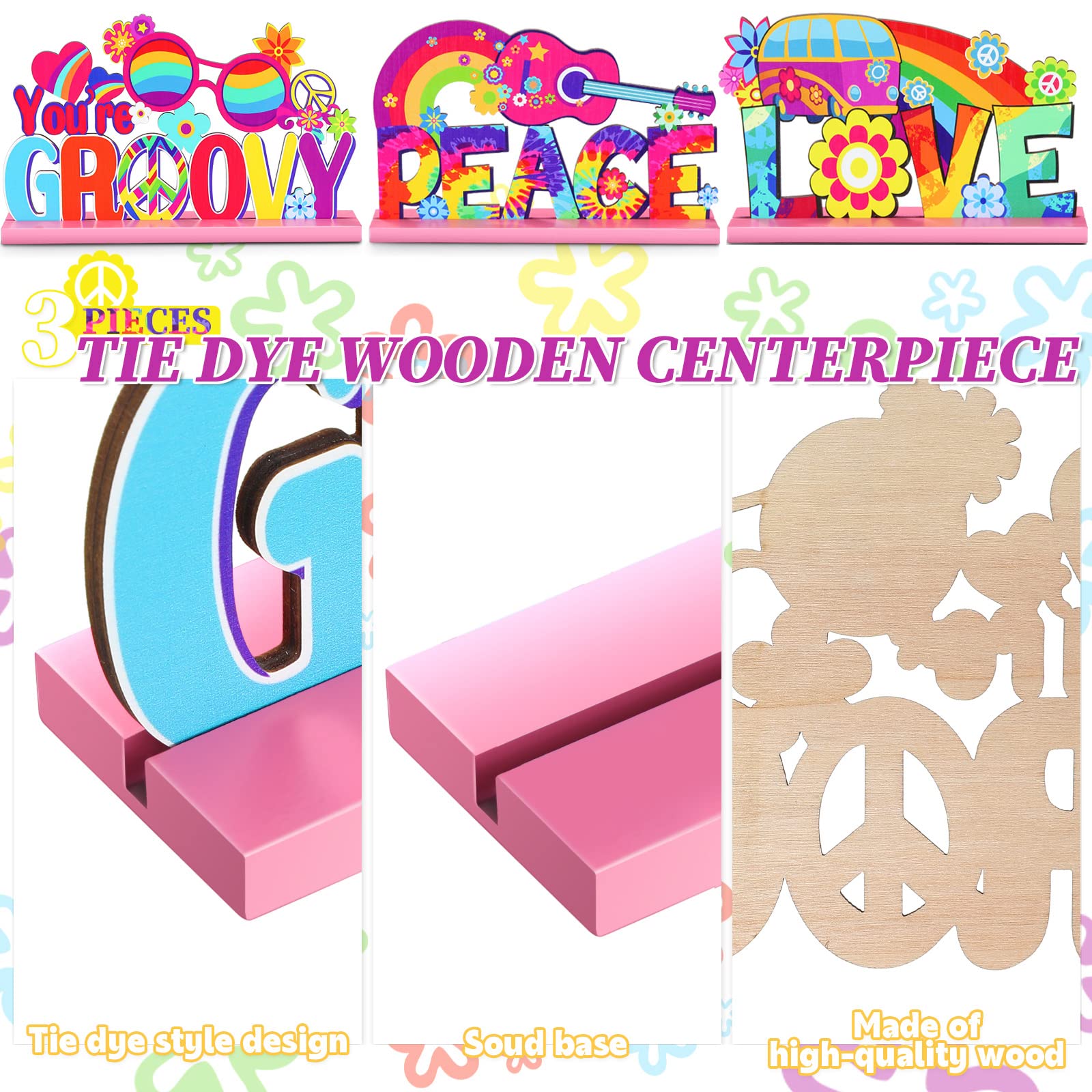 3 Pcs Groovy 60's Party Supplies Hippie Party Wooden Centerpieces for Tables Decorations Peace Sign Table Tie Dye Party Table Topper Centerpiece Sign for 60s 70s Hippy Birthday Party, 7.87 x 4.72 Inch
