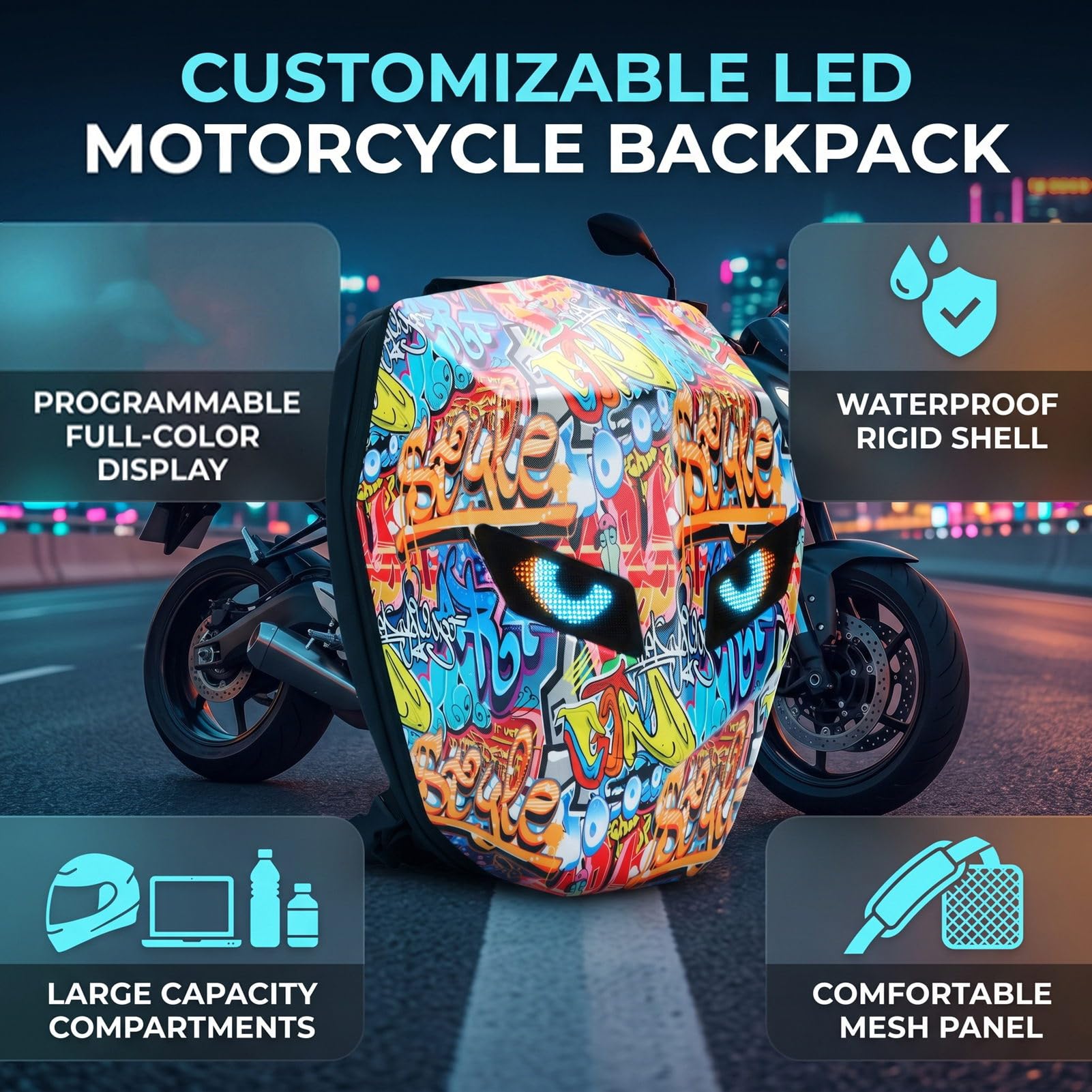 SEAFRONT Plecak Motocyklowy Plecak na Twarda Skorupa Torba na LED Programowalny Dynamiczny Wyświetlacz Wodoodporny Ekran Graffiti Do Jazdy, Podróży, Pracy