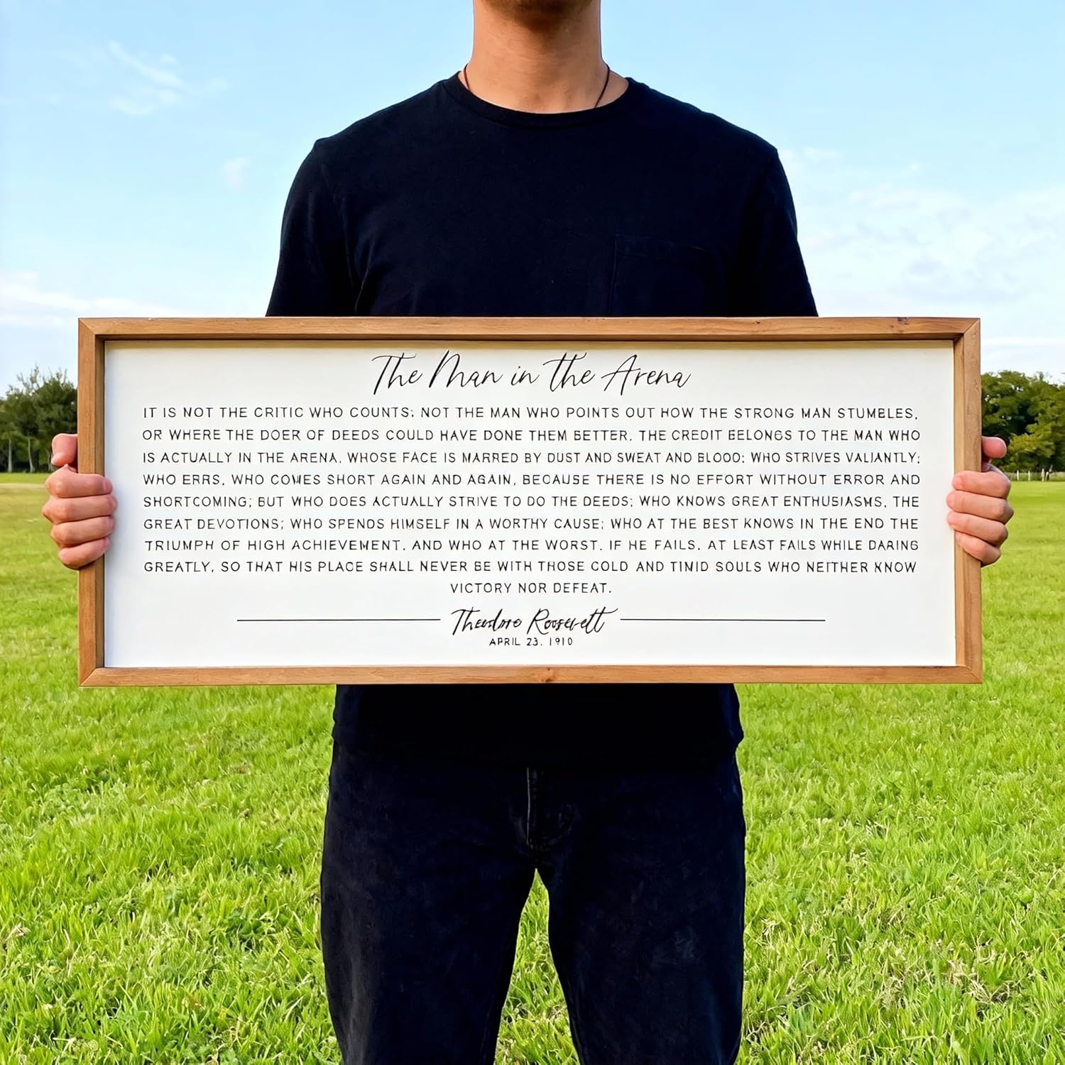 The Man in the Arena Framed Wall Art for Men, Motivational Inspirational Office Decor, Wood Frame, Theodore Roosevelt Quote, 32x12 Inch