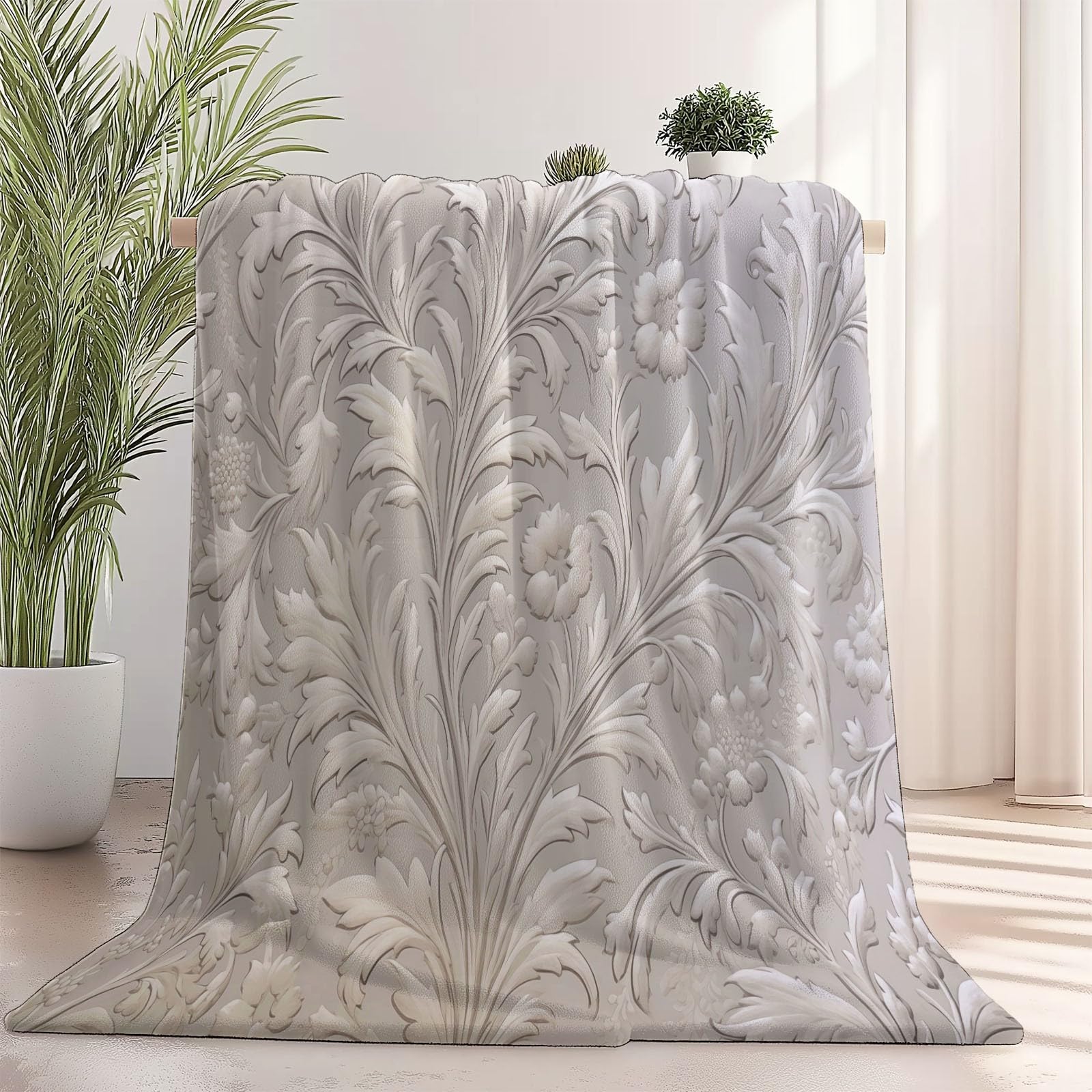 Gris marrón Manta Decorativa de Franela 220×240 cm, Plaid cálido para Delicado Textura Hojas, añade Estilo y Confort al sofá, Cama o Sala de Estar, Ideal para el hogar Moderno
