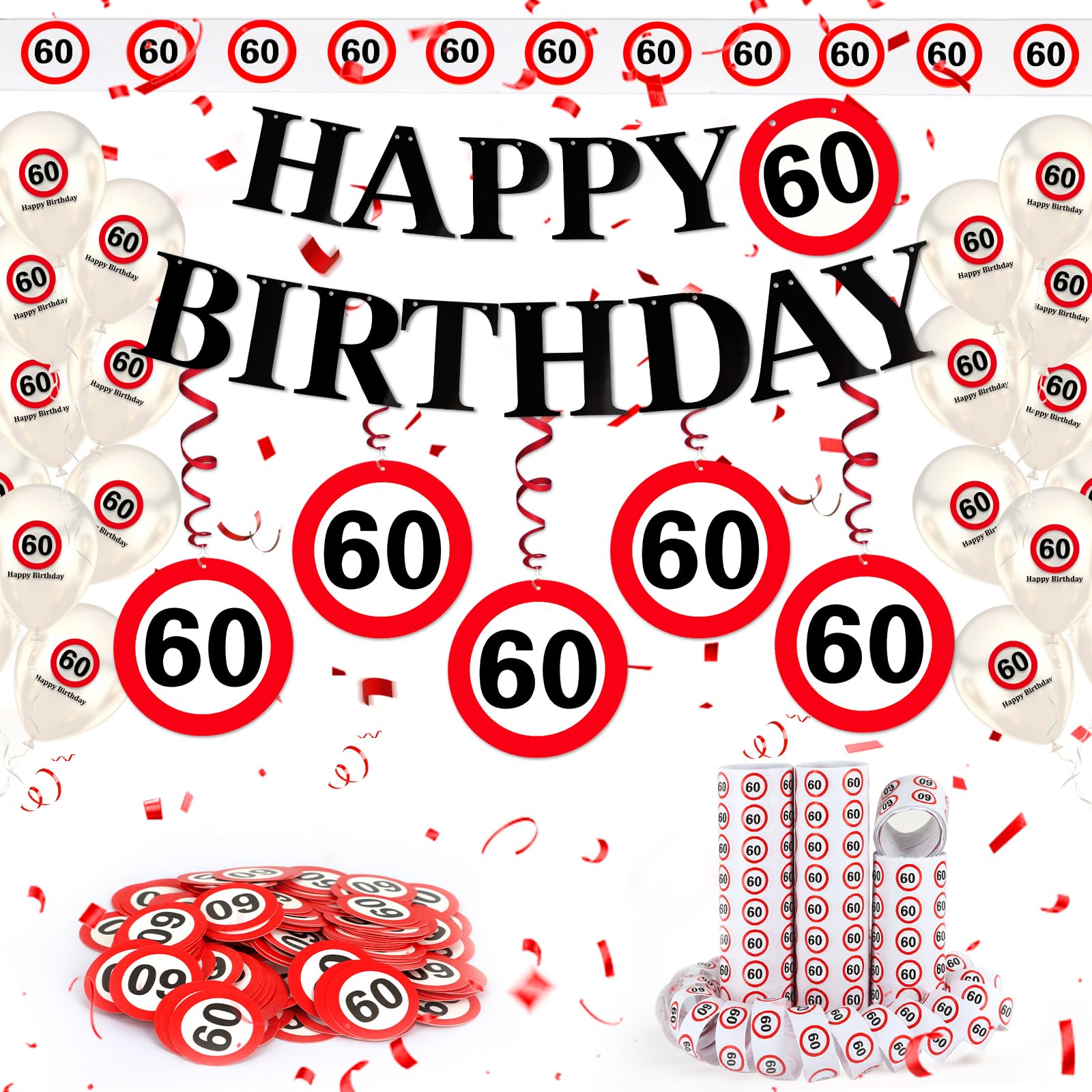 WenmthG 60 Geburtstag Deko Männer Frauen, 60. Geburtstag Deko mit Girlande, Luftballons, Luftschlangen, Banner, Konfetti - Verkehrsschild zum 60 Jahre, Verkehrszeichen 60. Geburtstagsdeko