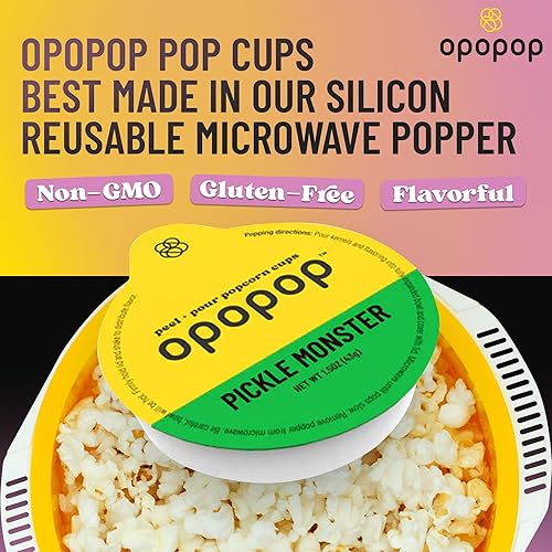 Miniatura 4 de Opopop Palomitas de maíz para microondas - Pop Cups Pickle Monster, paquete de 6, granos de maíz gourmet sin OMG y sabor a palomitas de maíz