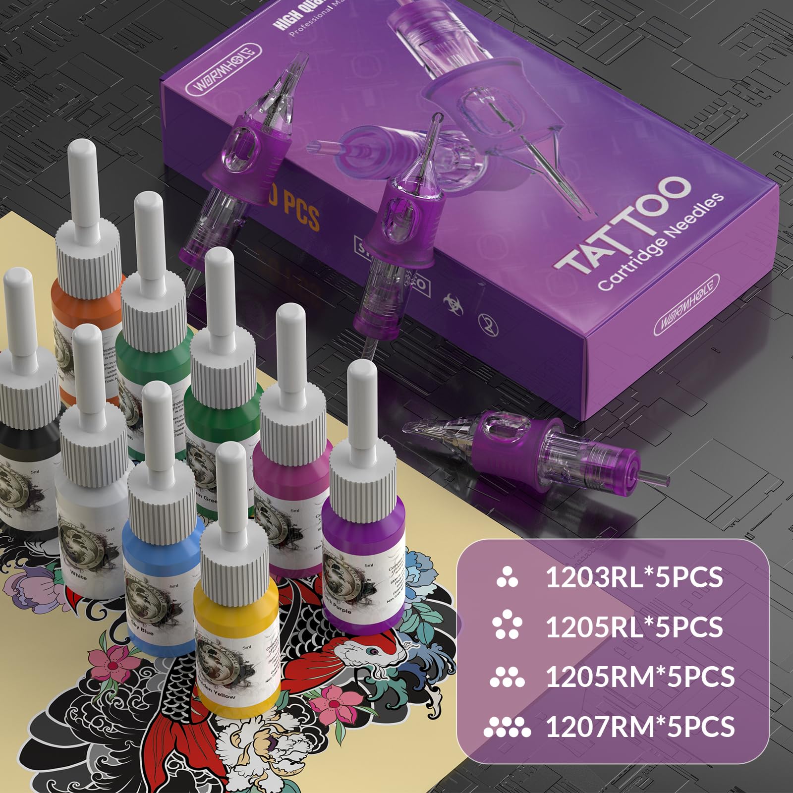 Wormhole Tattoo Gun Tattoo Kit with Wireless Tattoo Machine, 2PCS 1,200mAh Capacity Tattoo Batteries, 20 Cartridge Needles with Finger Ledge, Ink Color Set for Artists-Purple