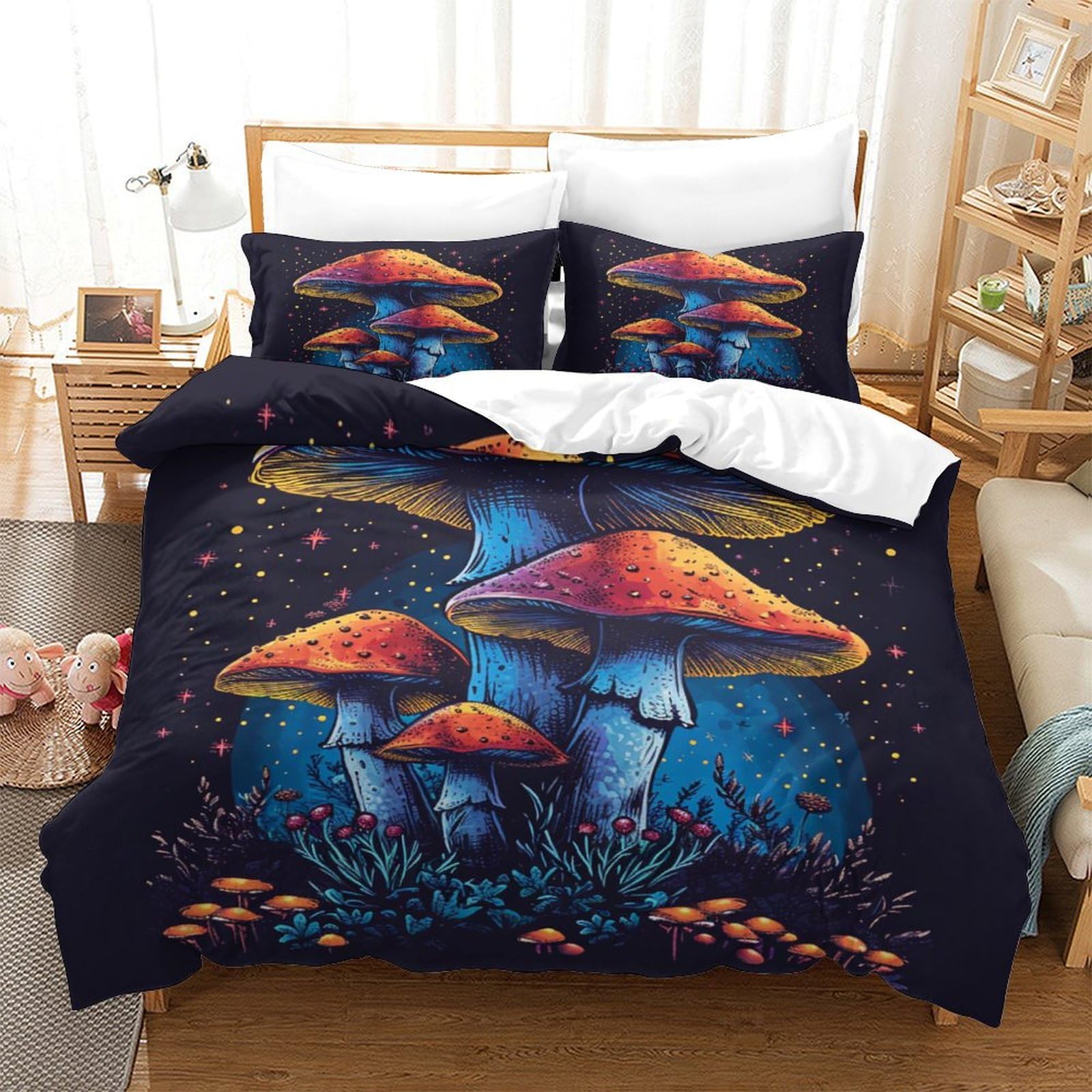 P1S9U7W5Y Fantasy Mushroom 3D Printed Duvet Cover Set 3pcs Microfiber Mushroom Bedding Set King