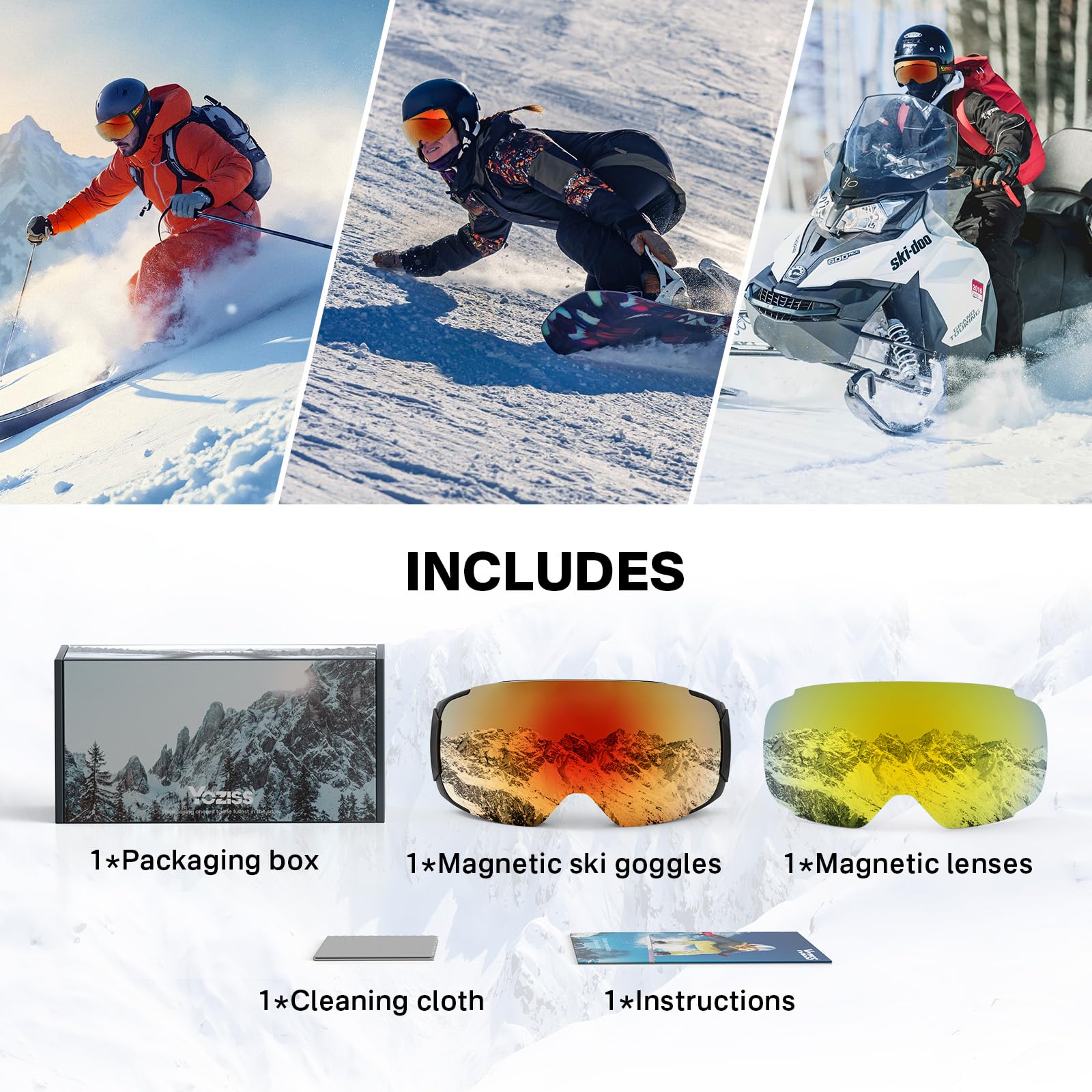 Gogle narciarskie, gogle snowboardowe z wymiennymi soczewkami magnetycznymi, okulary narciarskie OTG ochrona UV400, przeciwmgielne gogle sportowe do snowboardu