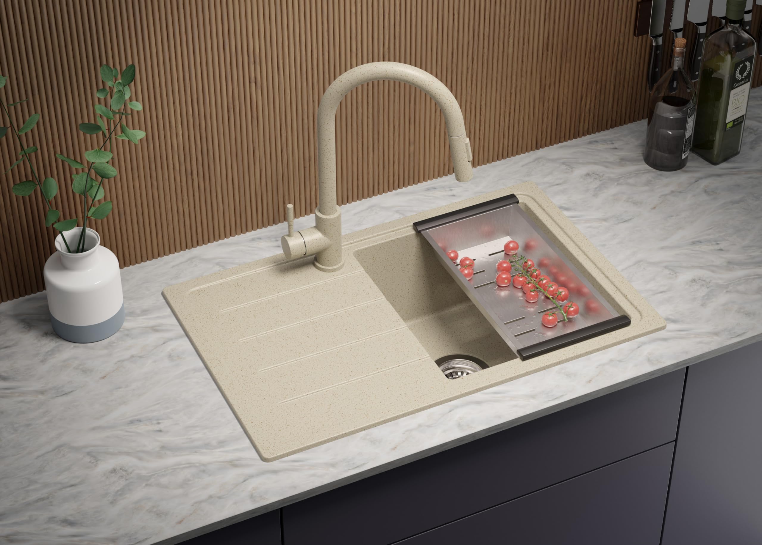 PRIMAGRAN Evier Cuisine en Granit Tout Beige 70x44cm, Lavabo 1 bac + Robinet 32x20cm + Kit de Vidage, Évier à Encastrer au Meuble 45cm - Copenhague Easy S052