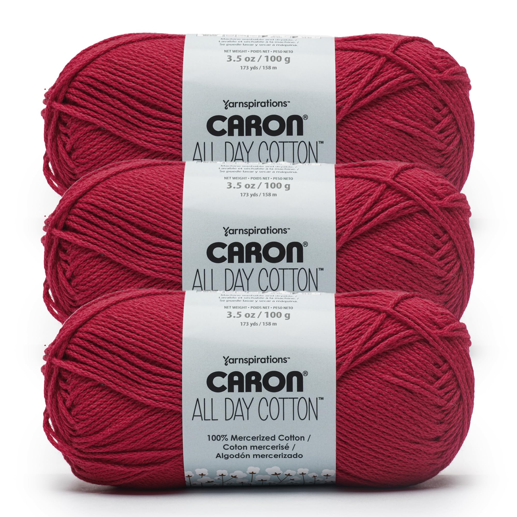 Caron All Day Cotton - 3 Pack of 173 Yards/3.52 oz Red Lip 100% Mercerized Cotton Yarn