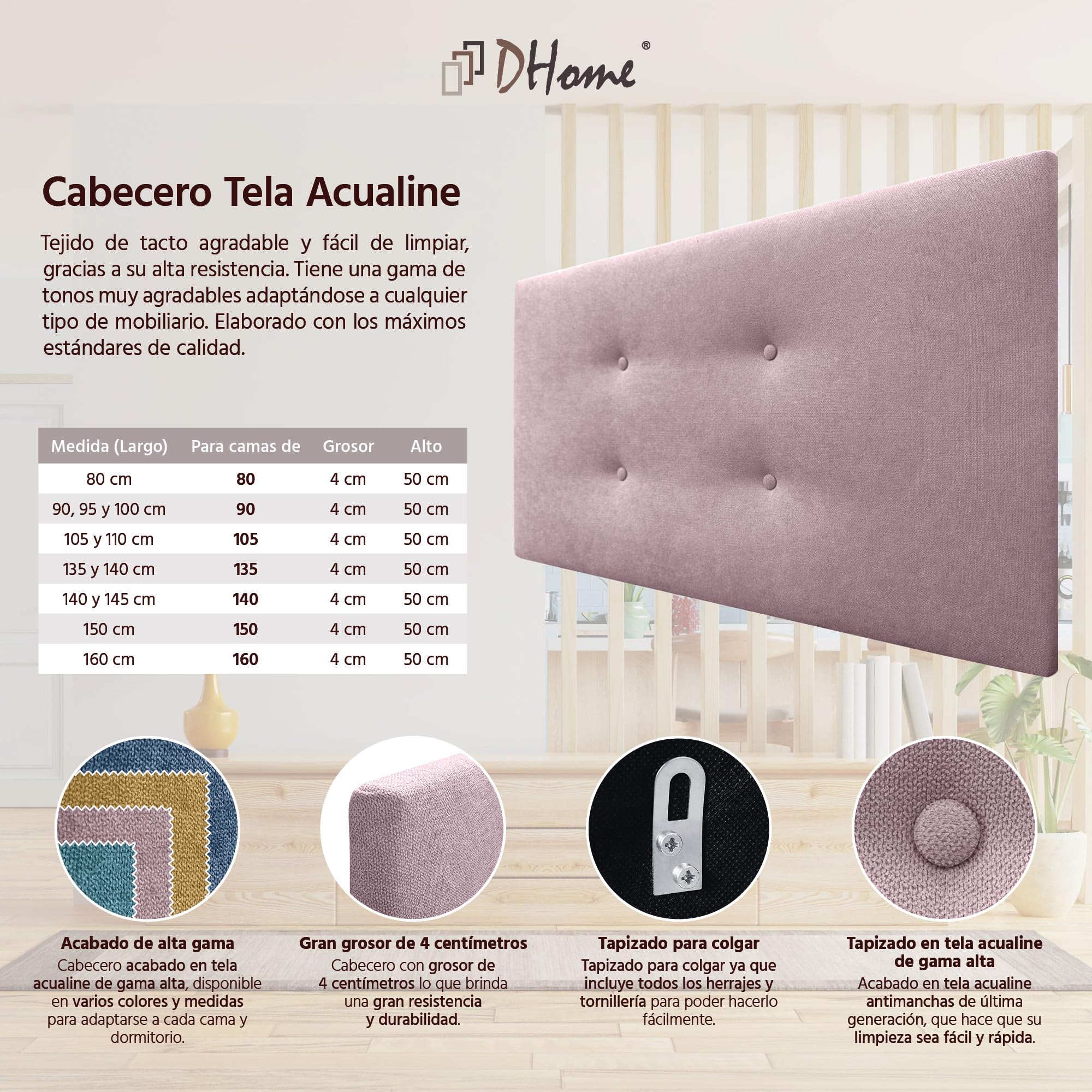 DHOME Cabecero de Polipiel o Tela AQUALINE Pro con 2 hileras de Botones Cabezal tapizado Cama Lujo (Tela Rosa, 105x50cm (Camas 80/90/105))
