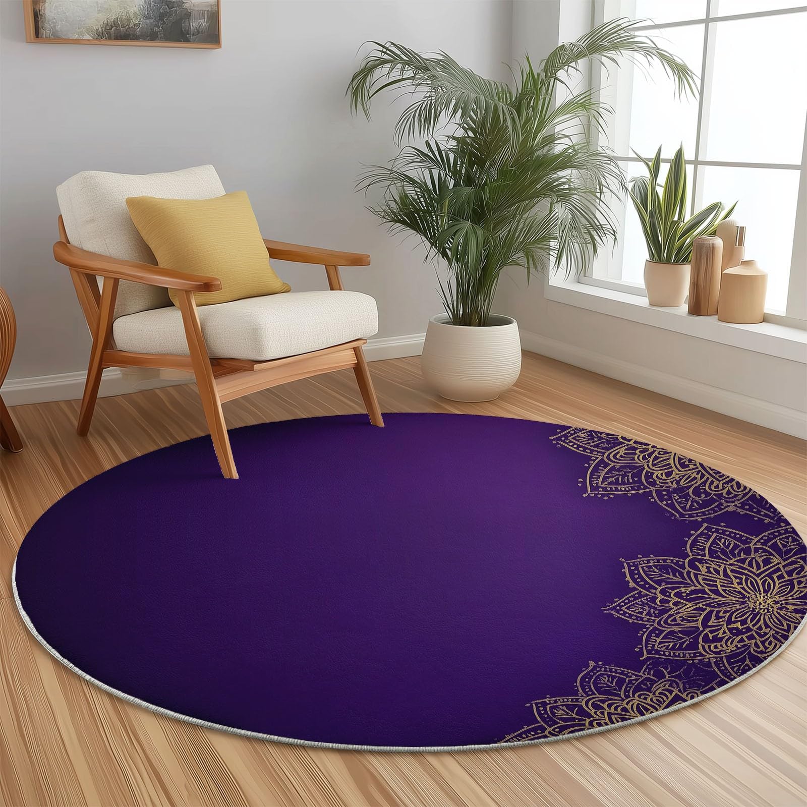 Teppich Wohnzimmer Rund 120 cm Teppich Schlafzimmer Gold Lila Kurzflor Wohnzimmerteppich Linien Mandala Blumen Waschbar rutschfest Rund für Wohnzimmer Schlafzimmer Esszimmer