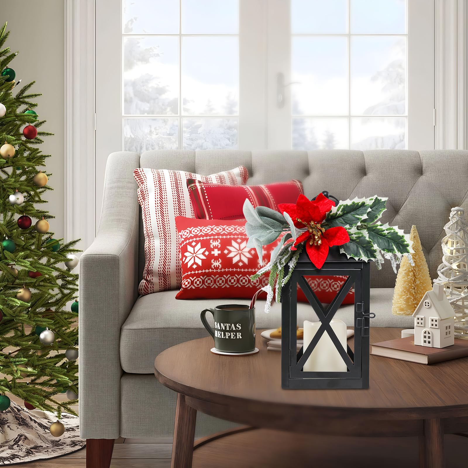 Faroles de Navidad decorativos para interiores, paquete de 2 faroles de Navidad para exteriores, faroles decorativos de vela de 12 pulgadas, luz sin llama con flores y vegetación para centros de mesa