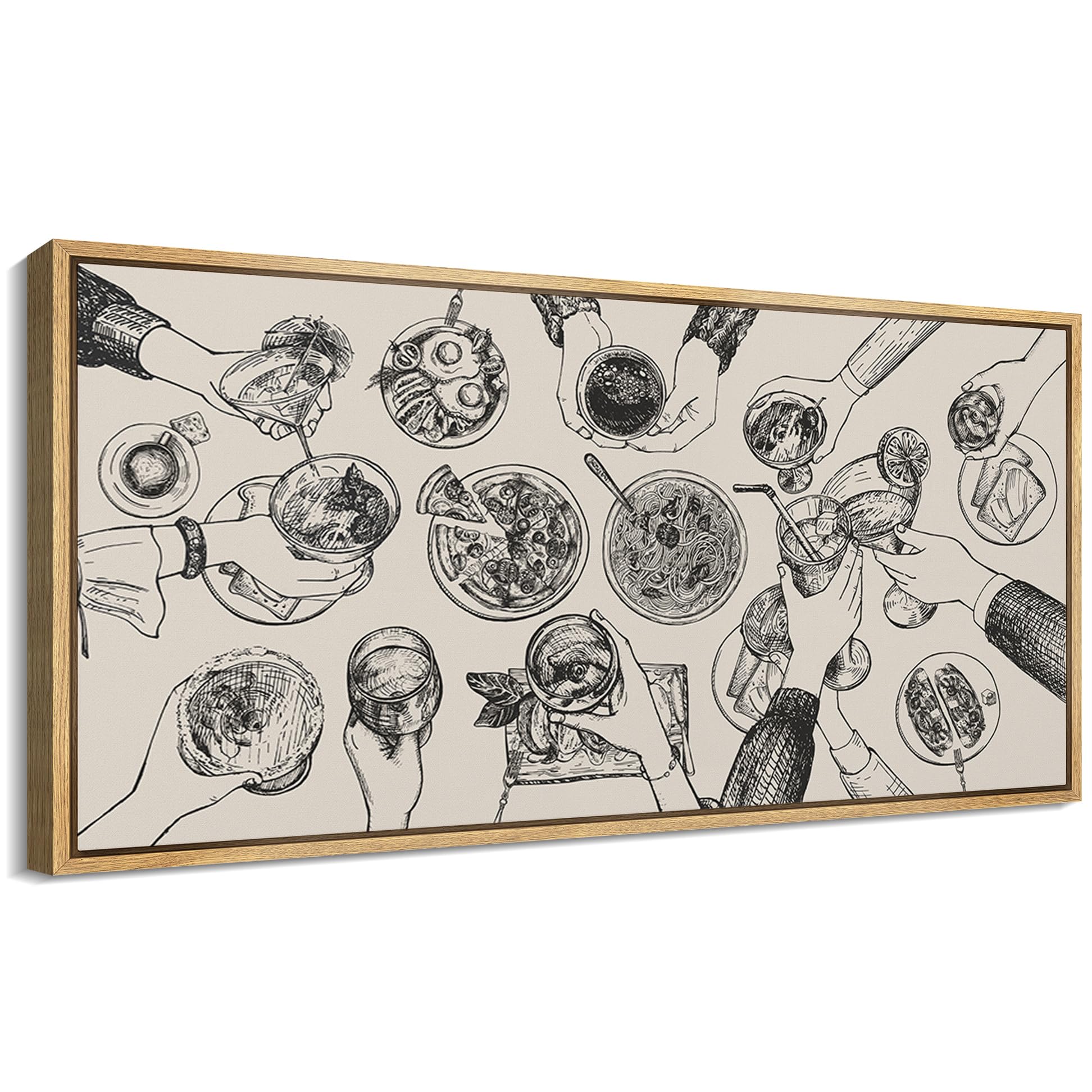 MUDECOR Extra Large Framed Canvas Print Wall Art Culinary Gathering Pen-and-Ink Overhead View of Food and Drinks Retro Fine Art Illustrations