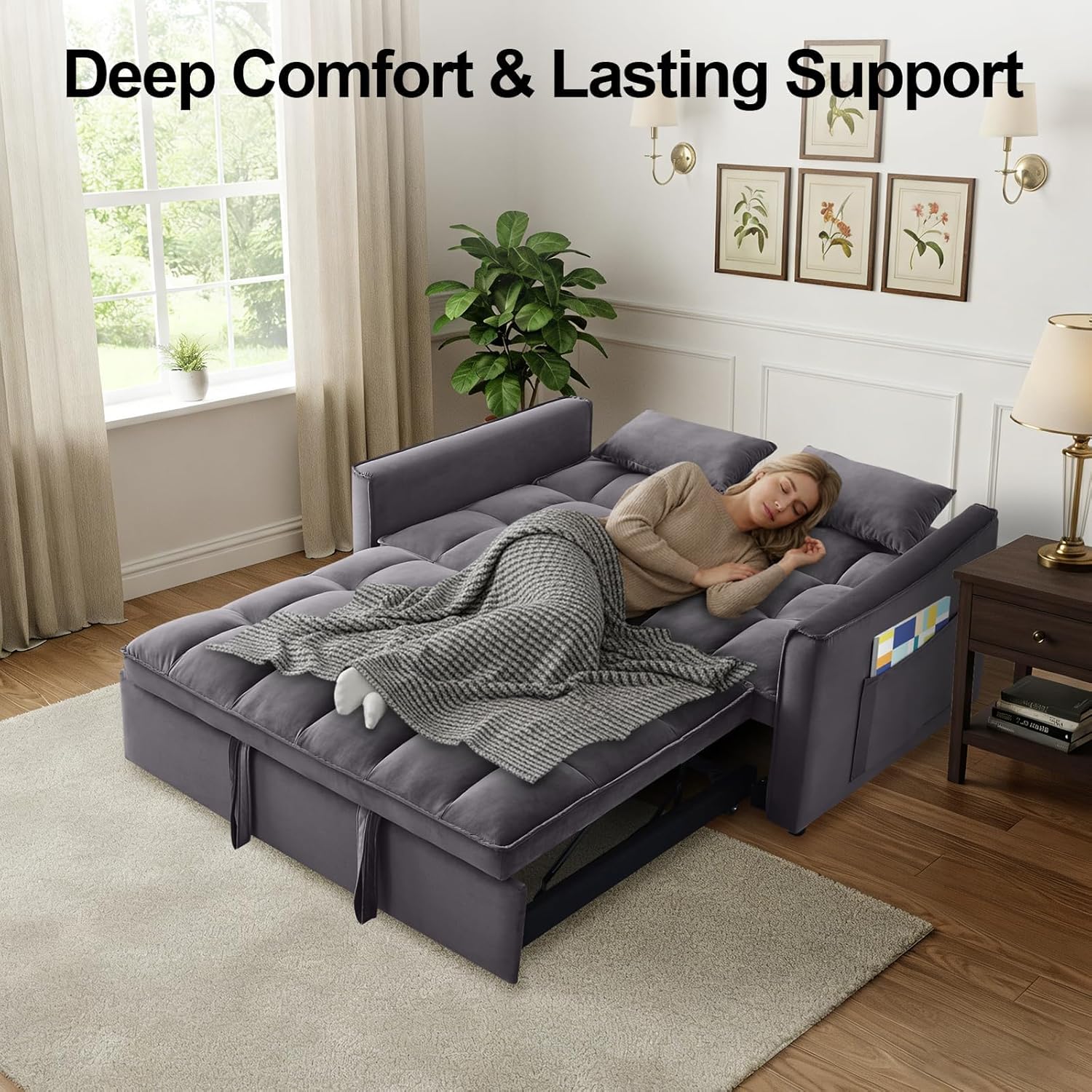 Dreamzie 3 in 1 Convertible Sleeper Sofa Bed, 55'' Loveseat Sleeper Sofa, Pull Out Couch Bed with Adjustable Backrest for Living Room, Velvet Fabric, Dark Gray