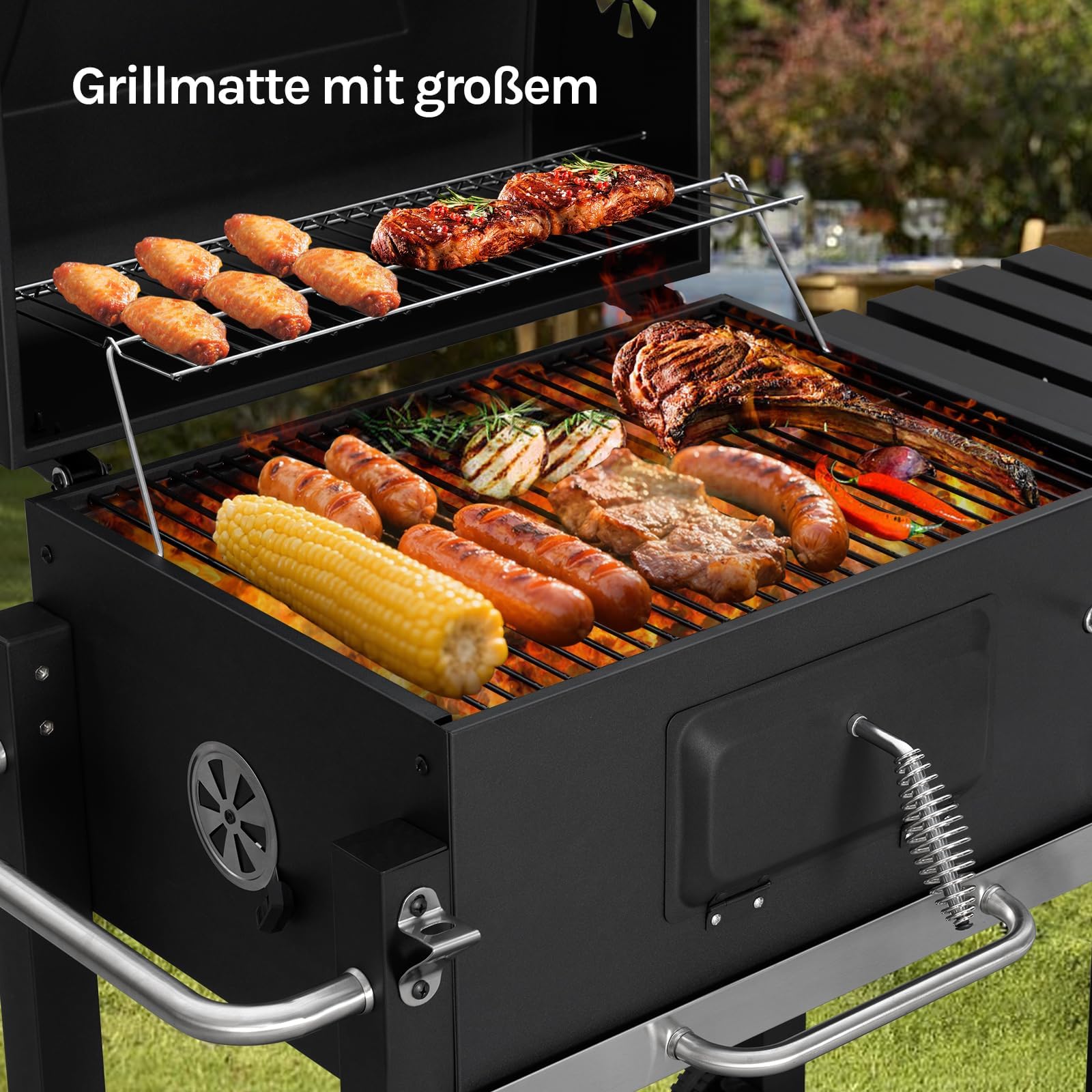 WOLTU Holzkohlegrill mit Deckel, große Grillfläche, variable Kohlewanne, Smoker Grill BBQ mit Grillrost, Thermometer, Grillwagen für Camping, 117 x 107 x 71 cm, Schwarz