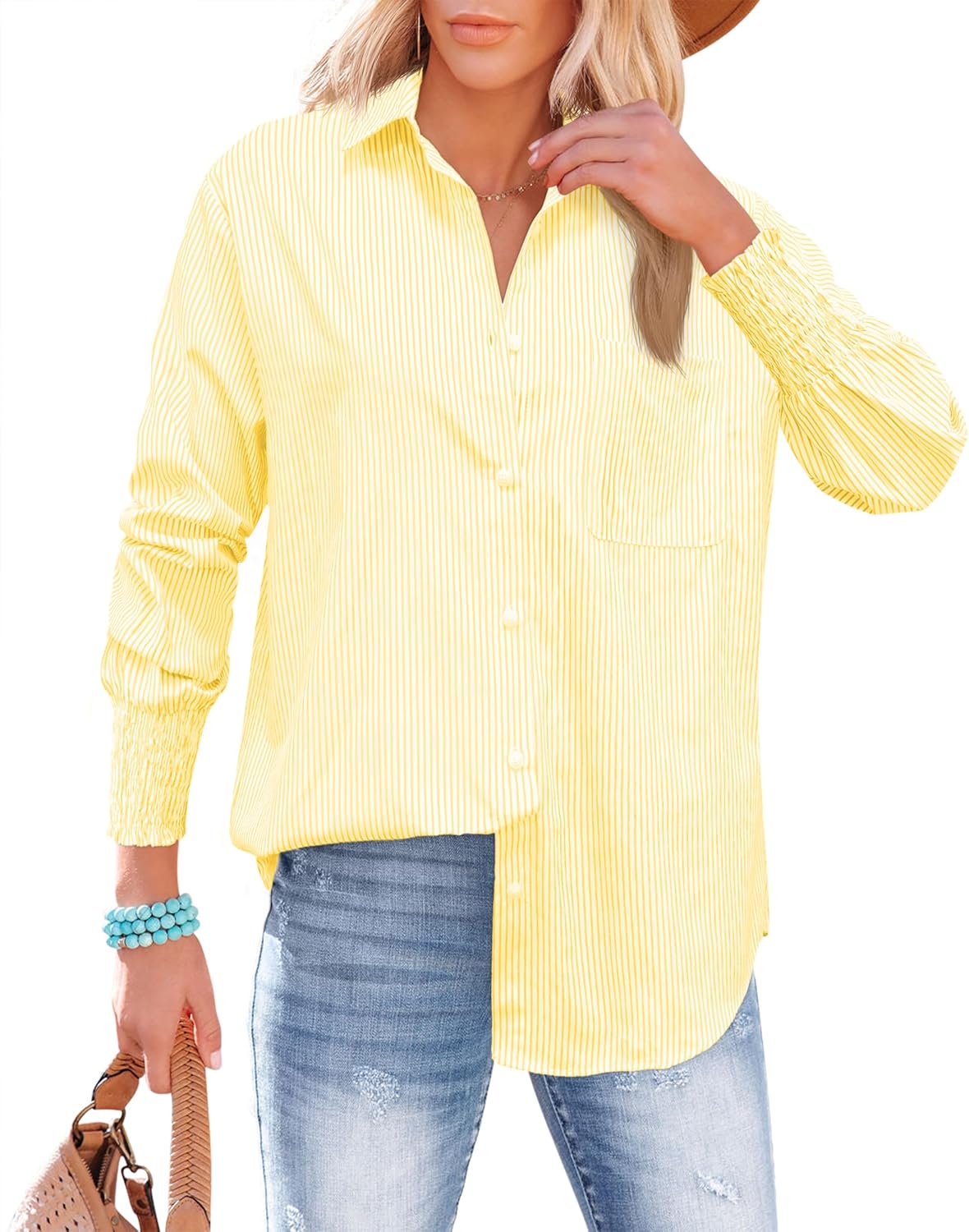 OMSJ Women’s Striped Button Down Shirts Smocked Cuffed Sleeve Stylish Collared Office Work Blouses with Pocket