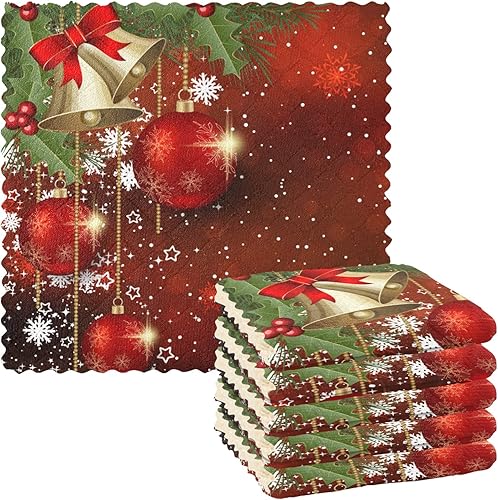 VIGTRO Paquete de 6 toallas de cocina súper absorbentes, con campanas de bola de Navidad, paños de cocina de alta calidad, lavables con copos de