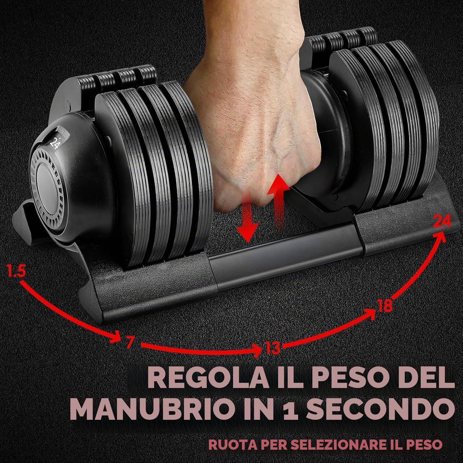Manubri regolabili 10 kg 20 kg 24 kg manubri singoli o una coppia, con manico antiscivolo, dischi regolabili e vassoio portaoggetti per casa, ufficio, palestra, singolo/coppia