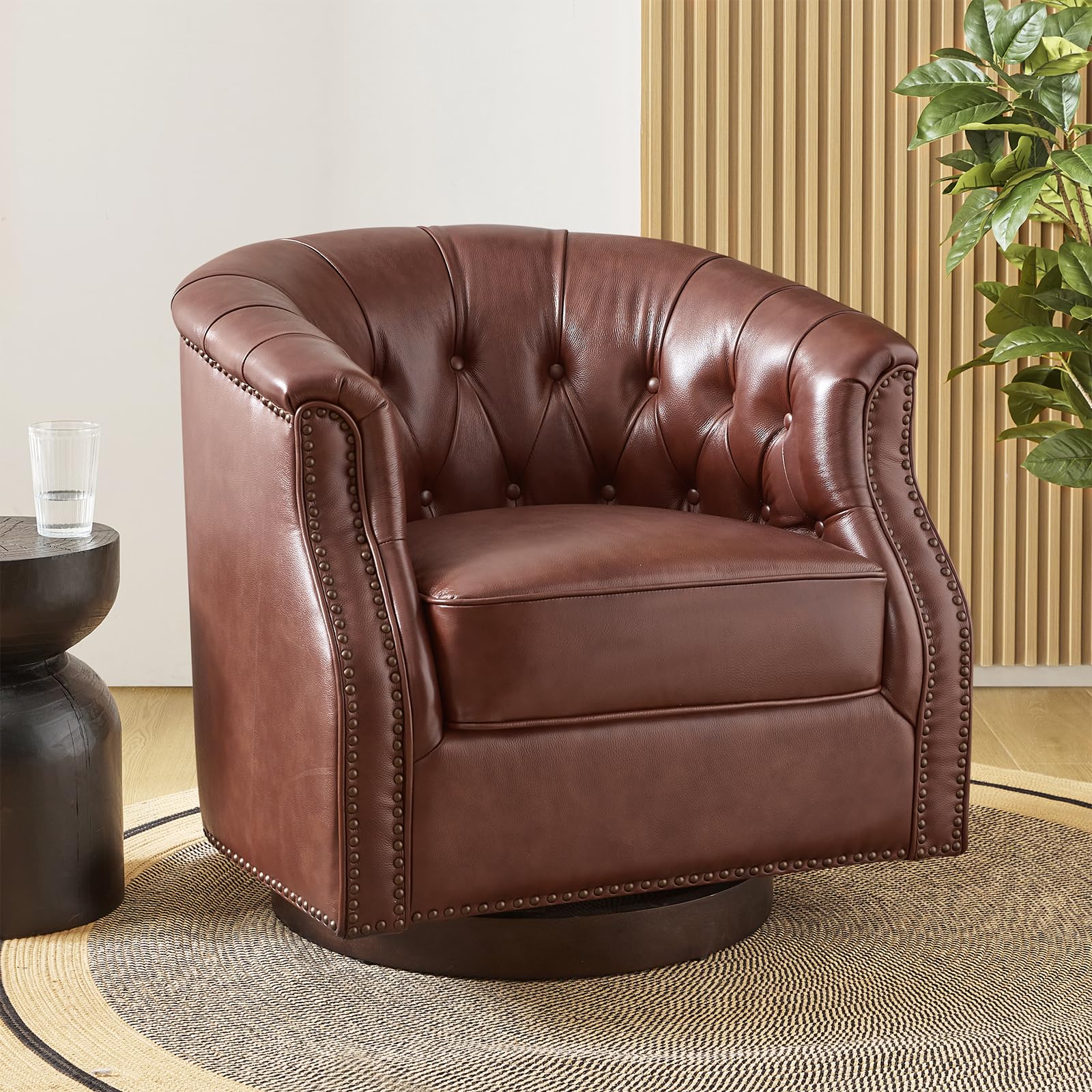 HULALA HOME Genuine Leather Swivel Rocker Barrel Chair