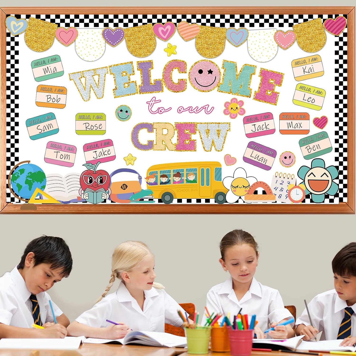 Welcome Back to School Bulletin Board Set Retro Welcome to Our Crew Classroom Decoration Preppy Face Boho Groovy Name Tags Cutouts for Preschool Nursery Chalkboard Wall Door Decor Teacher Supplies