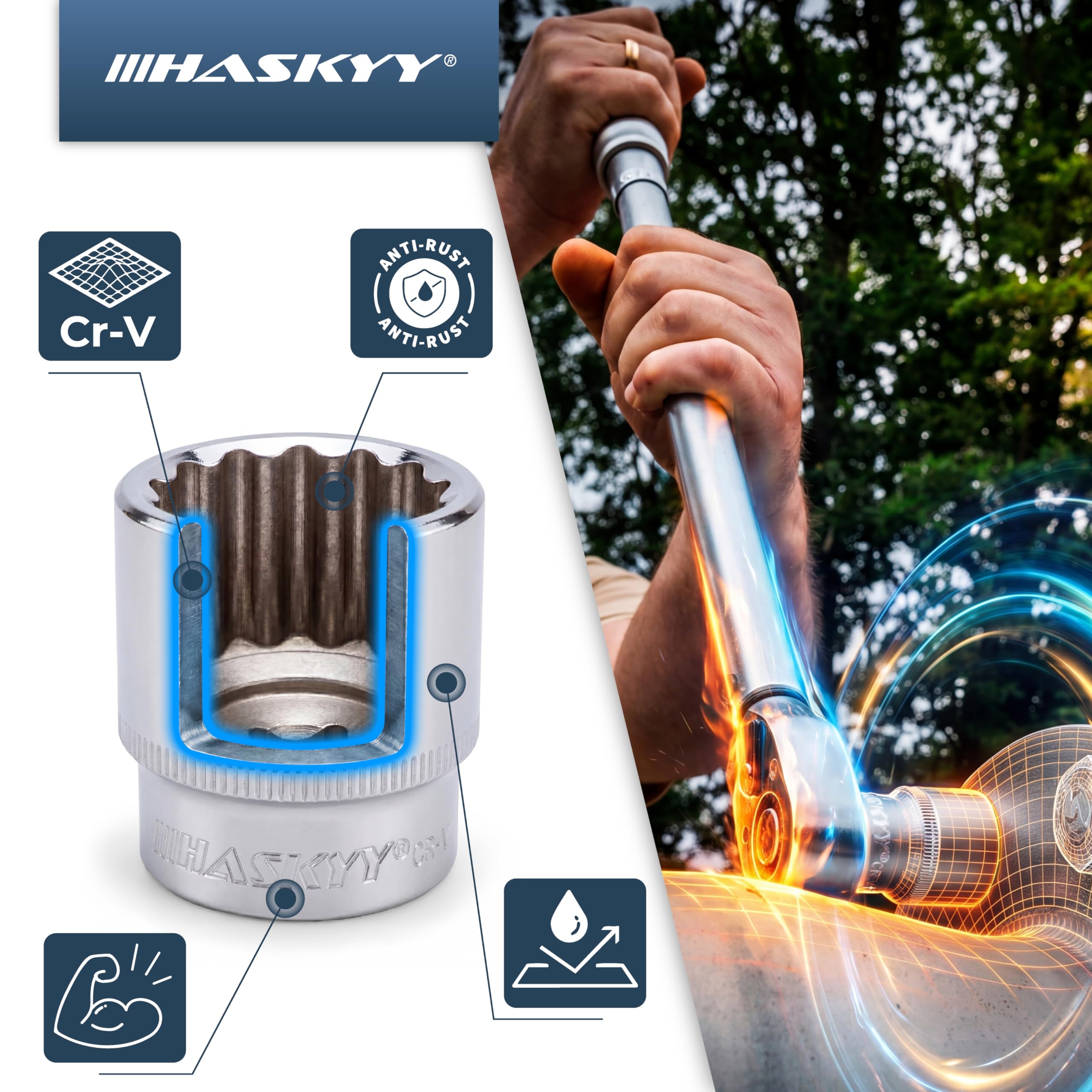 HASKYY 21PCS I 8-36 I Ensemble Jeu de douilles multiple I Tournevis 12 pans embouts de cle a douille 1/2" I acier CRV