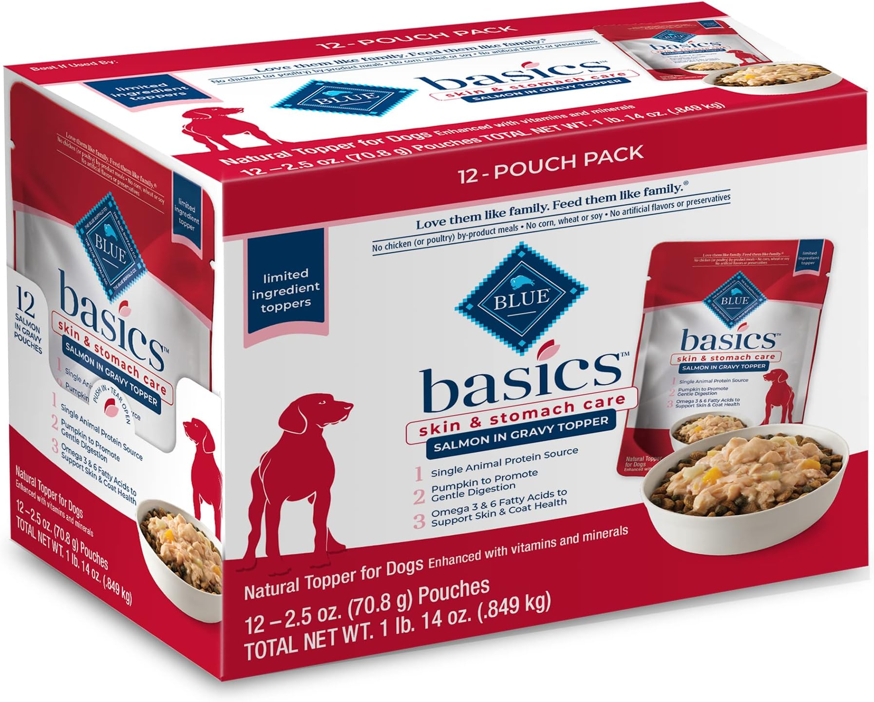 Basics Skin & Stomach Care Natural Wet Dog Food Topper, Salmon in Gravy 2.5oz Pouch (12 Pack)