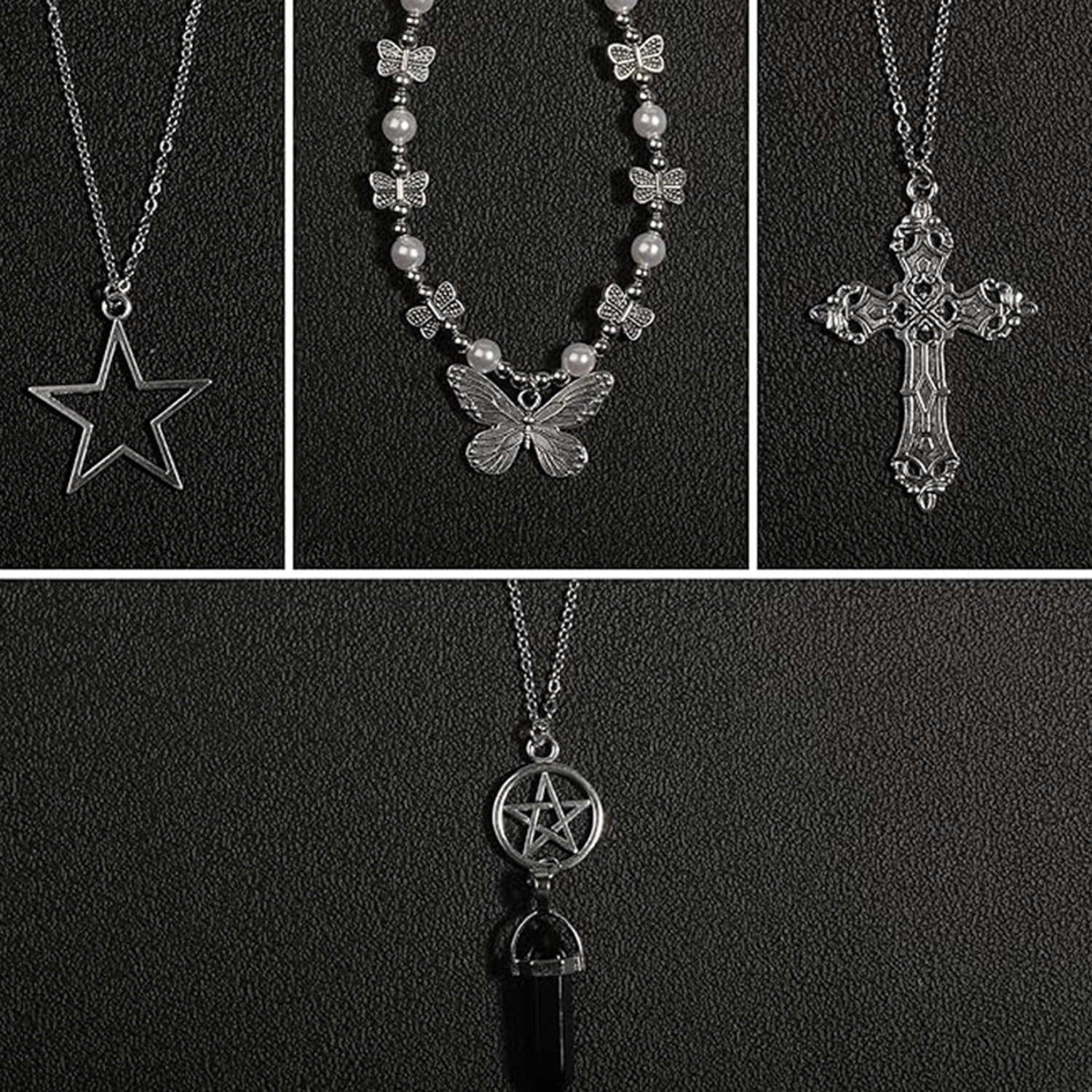 GuoShuang 19pcs Silver y2k necklace for women goth fairy grunge necklace alt cute y2k choker cross bufferfly heart angle jewelry set rings indie fairy grunge accessories