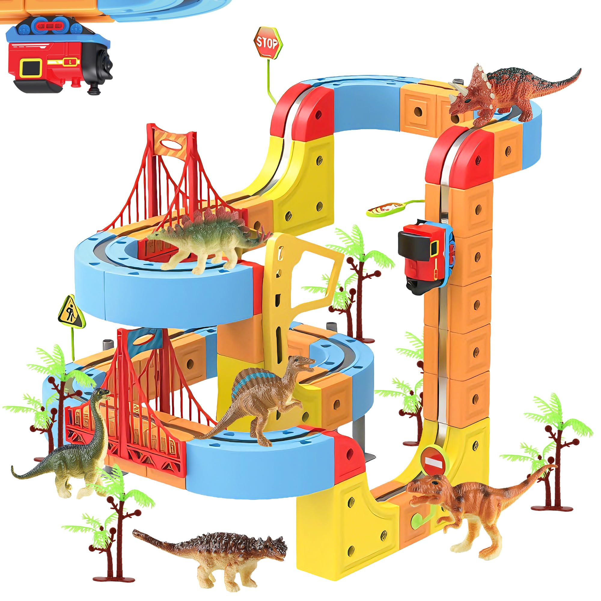 Clickrail Electric Train Set flessibile Race Track, blocco con giocattolo di dinosauro/palma di cocco/adesivi, set di treno magnetico creativo con layout 3D, giocattolo regalo per bambini