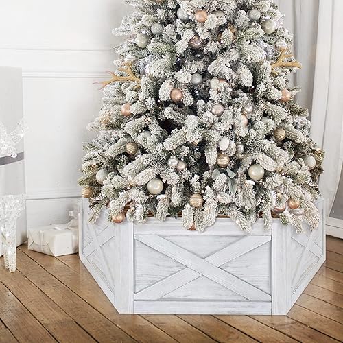 Miniatura 6 de Yoochee Caja de collar de árbol de madera blanca lavada cubierta de soporte para árbol de Navidad caja de falda cuadrada plegable para árbol de