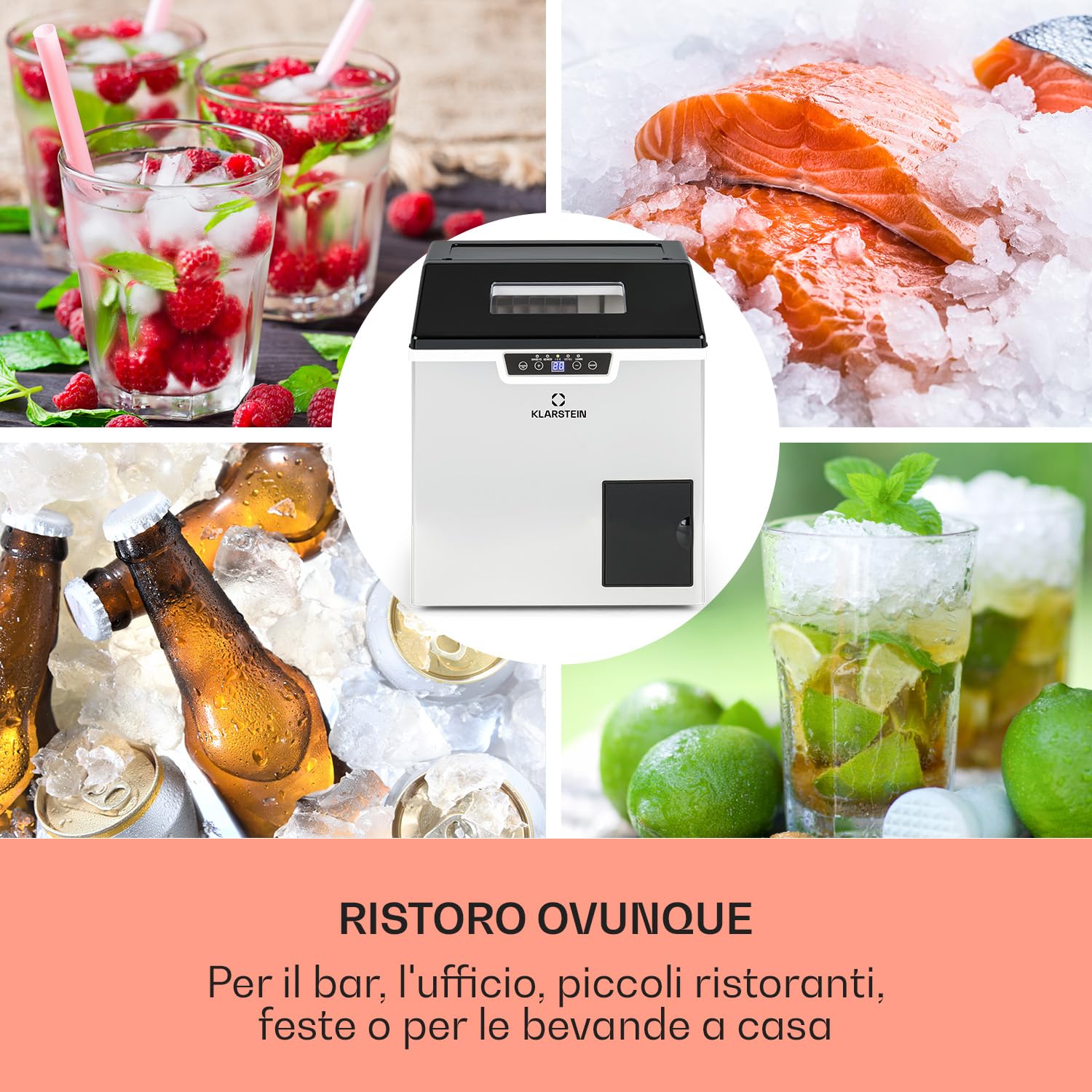Klarstein Macchina Ghiaccio 3L, Macchina del Ghiaccio Professionale, Fabbricatore Secco Alimentare fino a 20kg, a Cubetti e Tritato, Casa per Cocktail Autopulente