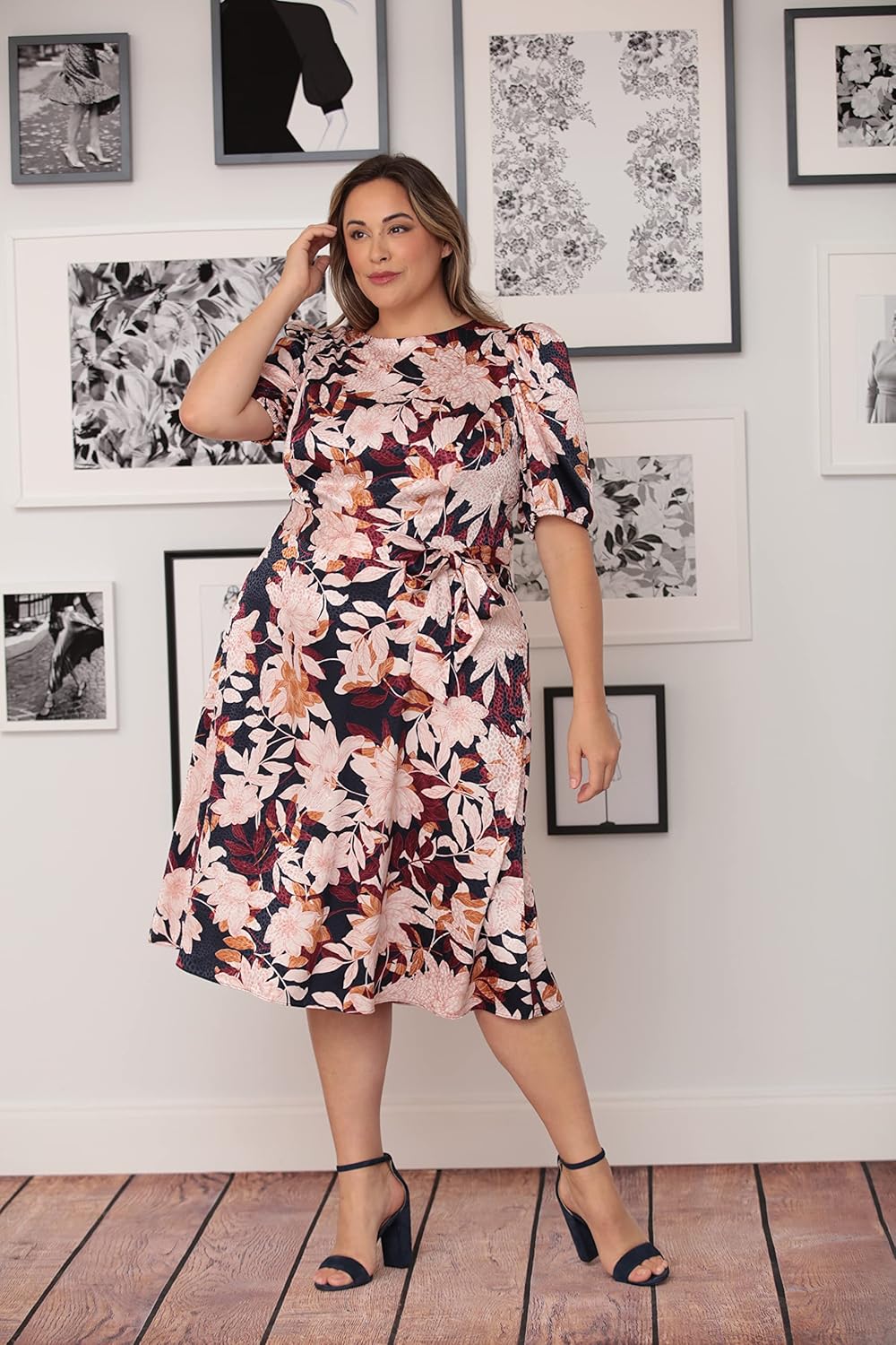 London Times Women's Puff Sleeve Satin Midi Tie Waist Office Shower Guest of Wedding