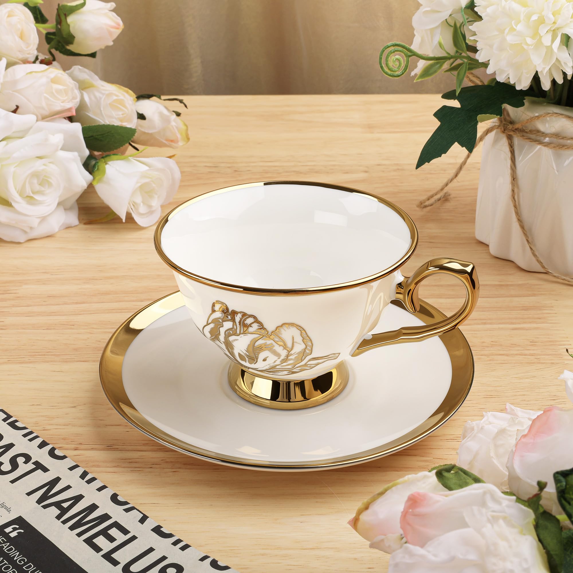 fanquare 21-częściowy zestaw do herbaty z brytyjskiej porcelany kostnej, zestawy do kawy Gold Tulip na przekąskę, 6 filiżanek do herbaty i spodków do kawy w domu, na ślub, urodziny